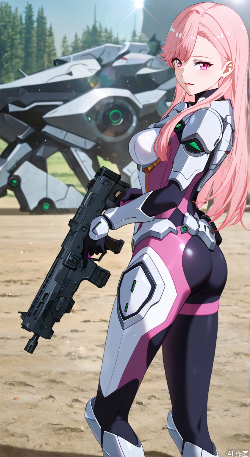 1girl, solo, long hair, breasts, looking at viewer, open mouth, bangs, holding, medium breasts, standing, weapon, pink hair, pink eyes, holding weapon, armor, hand on hip, gun, bodysuit, holding gun, mecha, science fiction, pilot suit, photo background,gentle expression,parted lips,light smile,depth of field, light particles, lens flare, masterpiece,best quality,((artist:reoen),(artist:fuzichoco),(artist:atdan),(artist:torino_aqua:0.5),year 2024:0.5),(artist:omone_hokoma_agm:0.8), 2d, anime,from side,from above