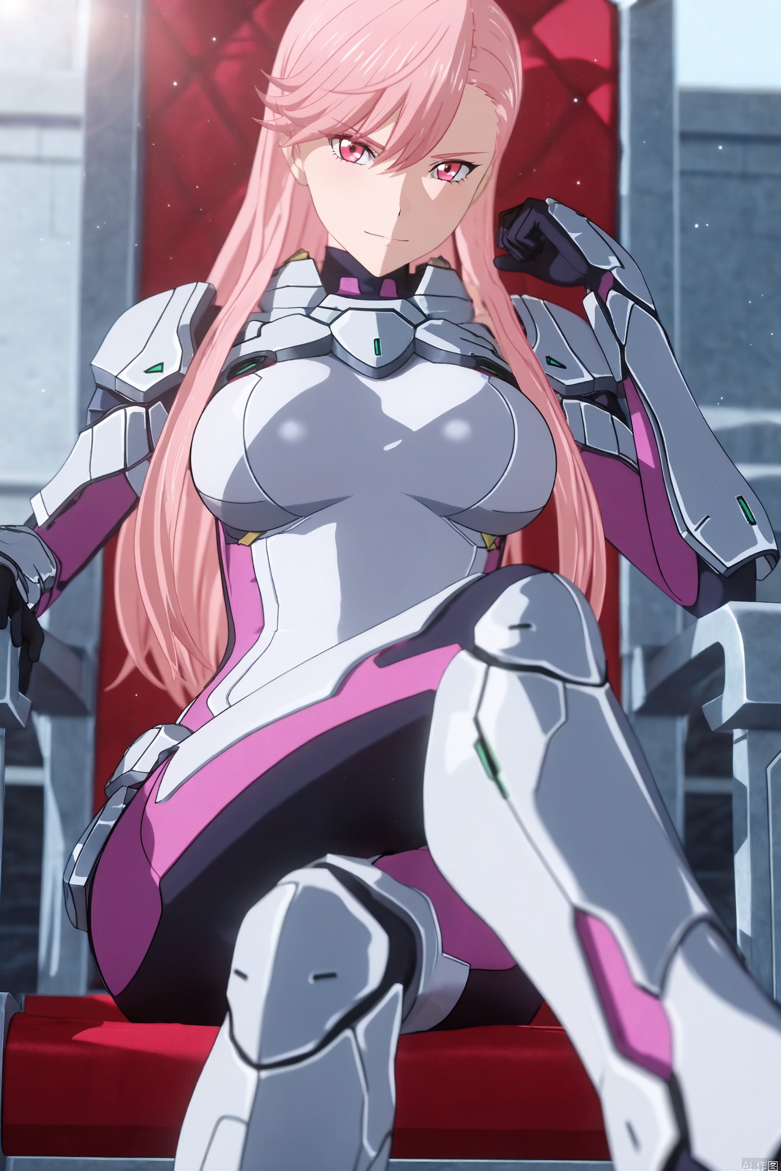 1girl, solo, long hair, breasts, looking at viewer, pink hair, pink eyes,armor, bodysuit,depth of field, light particles, lens flare,sitting by side,on throne,head titled,Lean head on fist,crossed legs,
//,
masterpiece,best quality,game cg, aritist:RyanReos,aritist:zoh,(artist:nianbingzi:0.4),artist:billyhhyb,ijia,3d,CG,