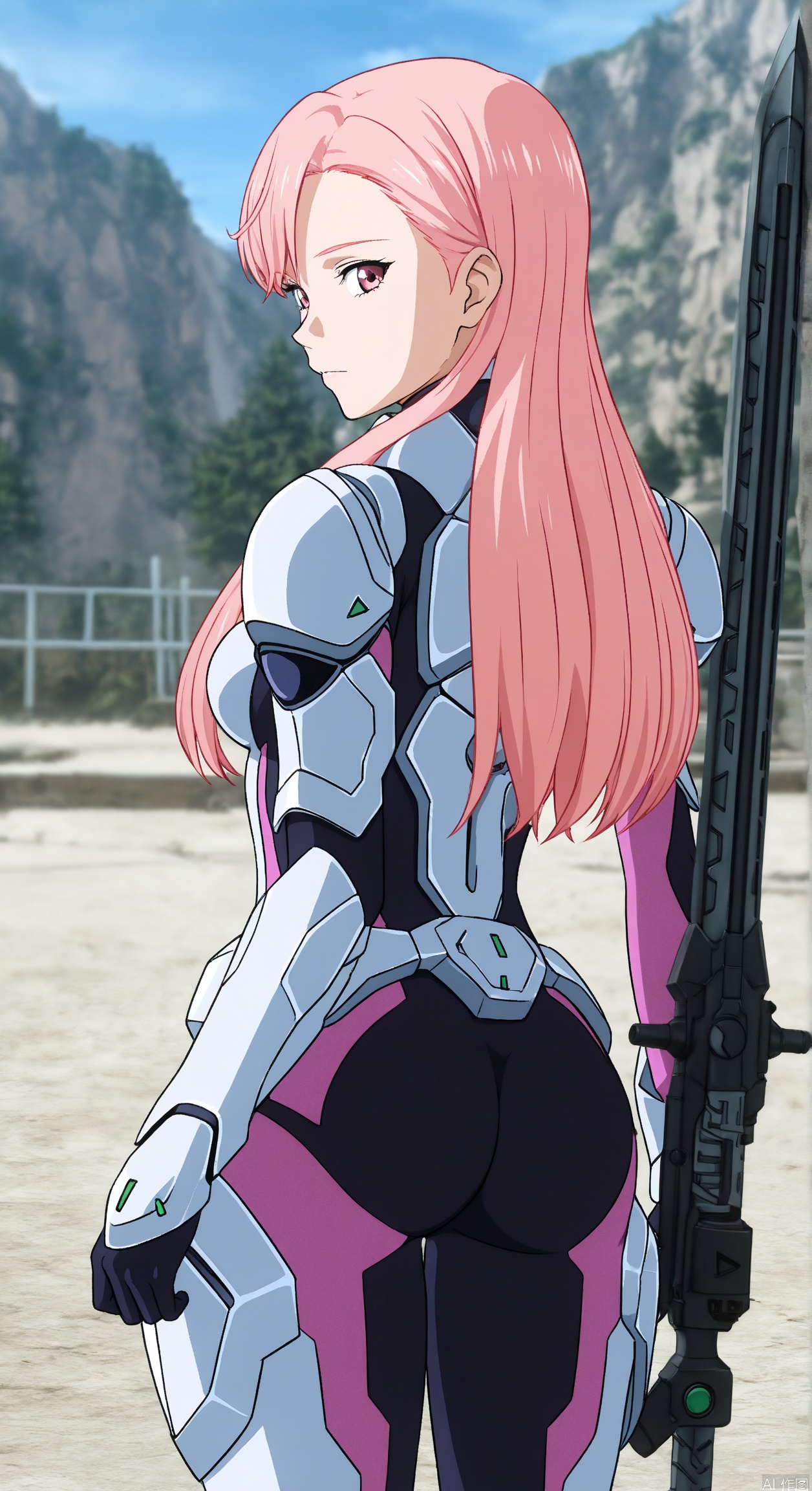 1girl, solo, long hair, breasts, bangs,medium breasts, standing, weapon, pink hair, pink eyes, armor, bodysuit, pilot suit, photo background,from behind,looking back,ass,cowboy shot