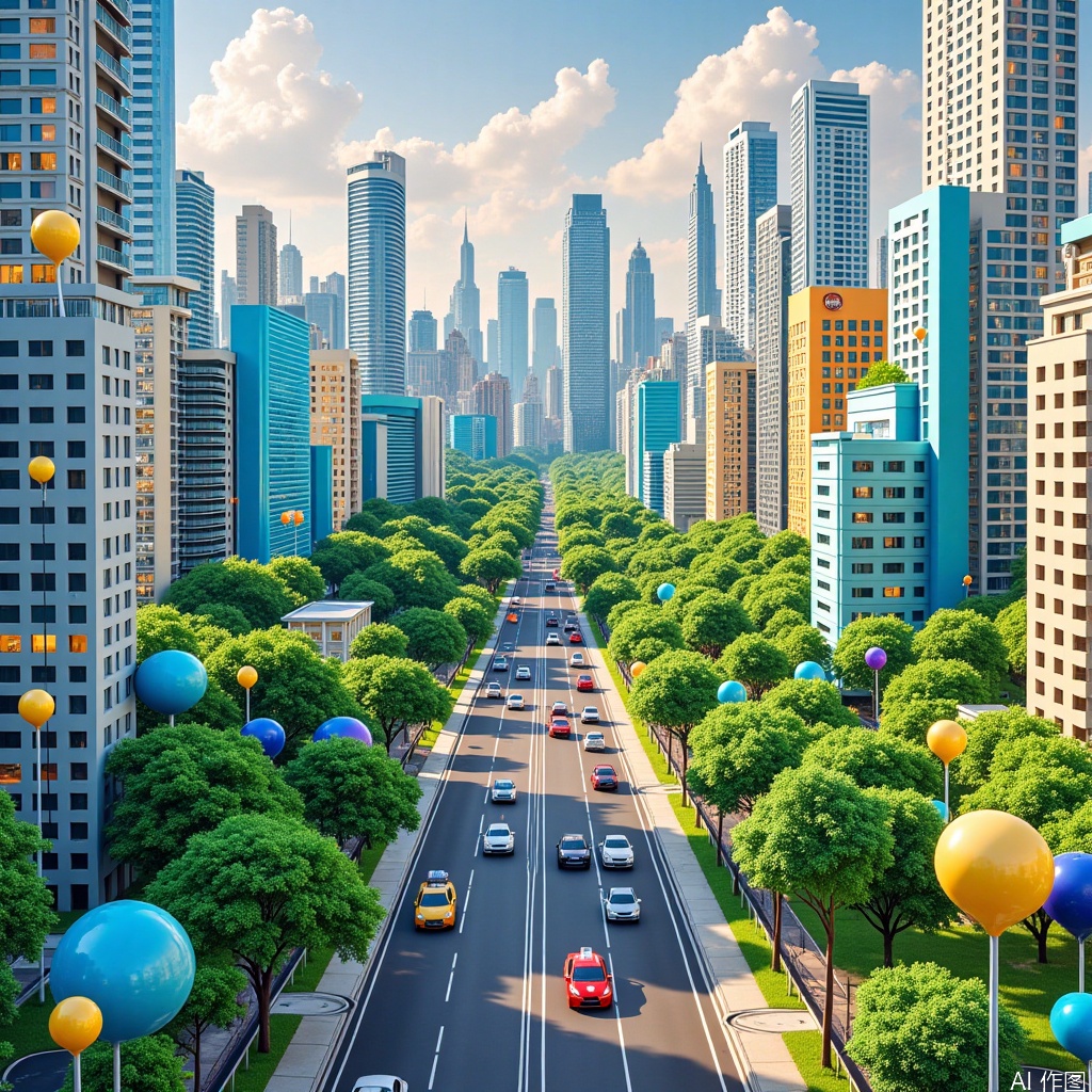 Dreamwave art, city, trees, road