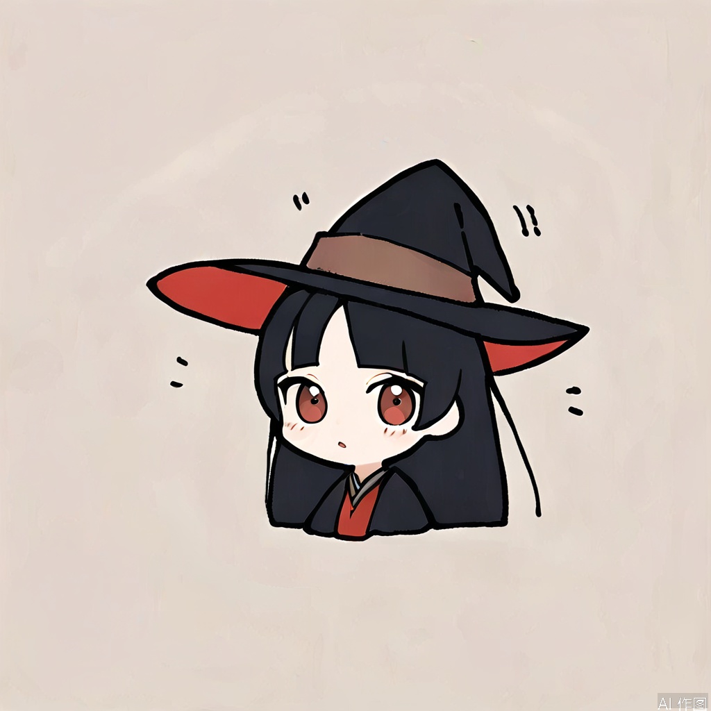 chibi,simply_background,1girl, solo, long hair, looking at viewer, bangs, black hair, red eyes, long sleeves, hat, jewelry, upper body, parted lips, japanese clothes, wide sleeves, black headwear, witch hat, witch