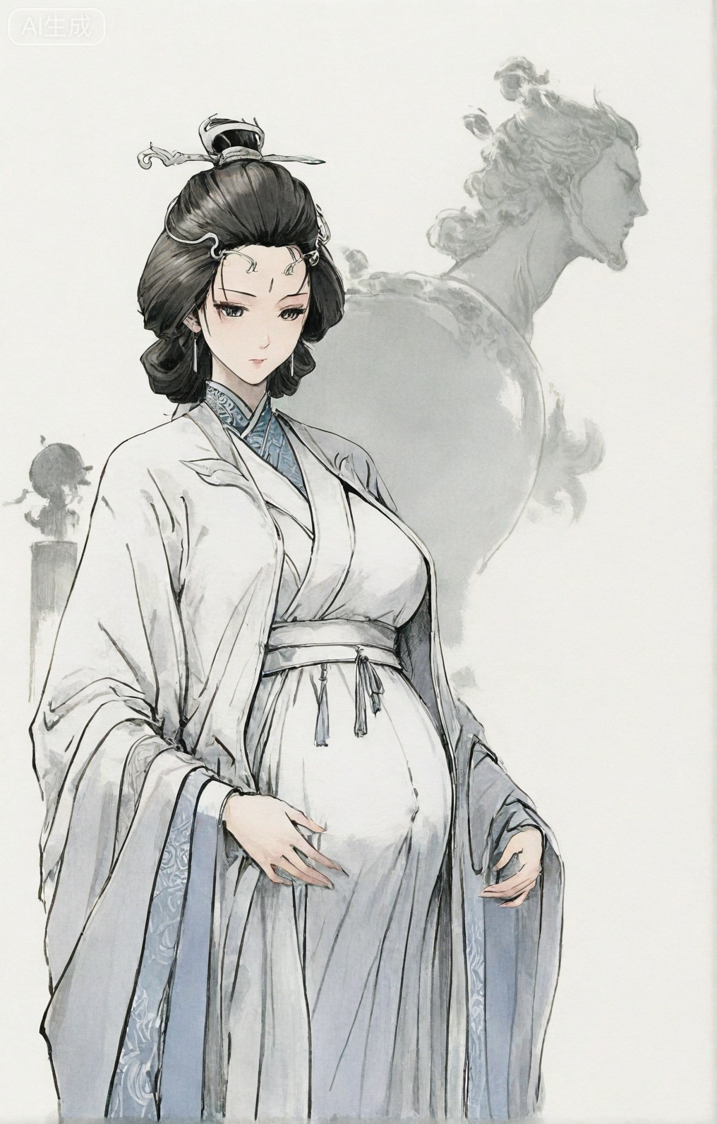 ((very awa)),(solo),highly detailed,(best quality),((masterpiece)),1girl,chi,,painting \(medium\),watercolor \(medium\),black hair,simple background,large breasts,lineart,flat color,ge,,,shuiyue,mature female,black hair,chinese clothes,hair ornament,jewelry,earrings,facial mark,maternity dress,pregnant