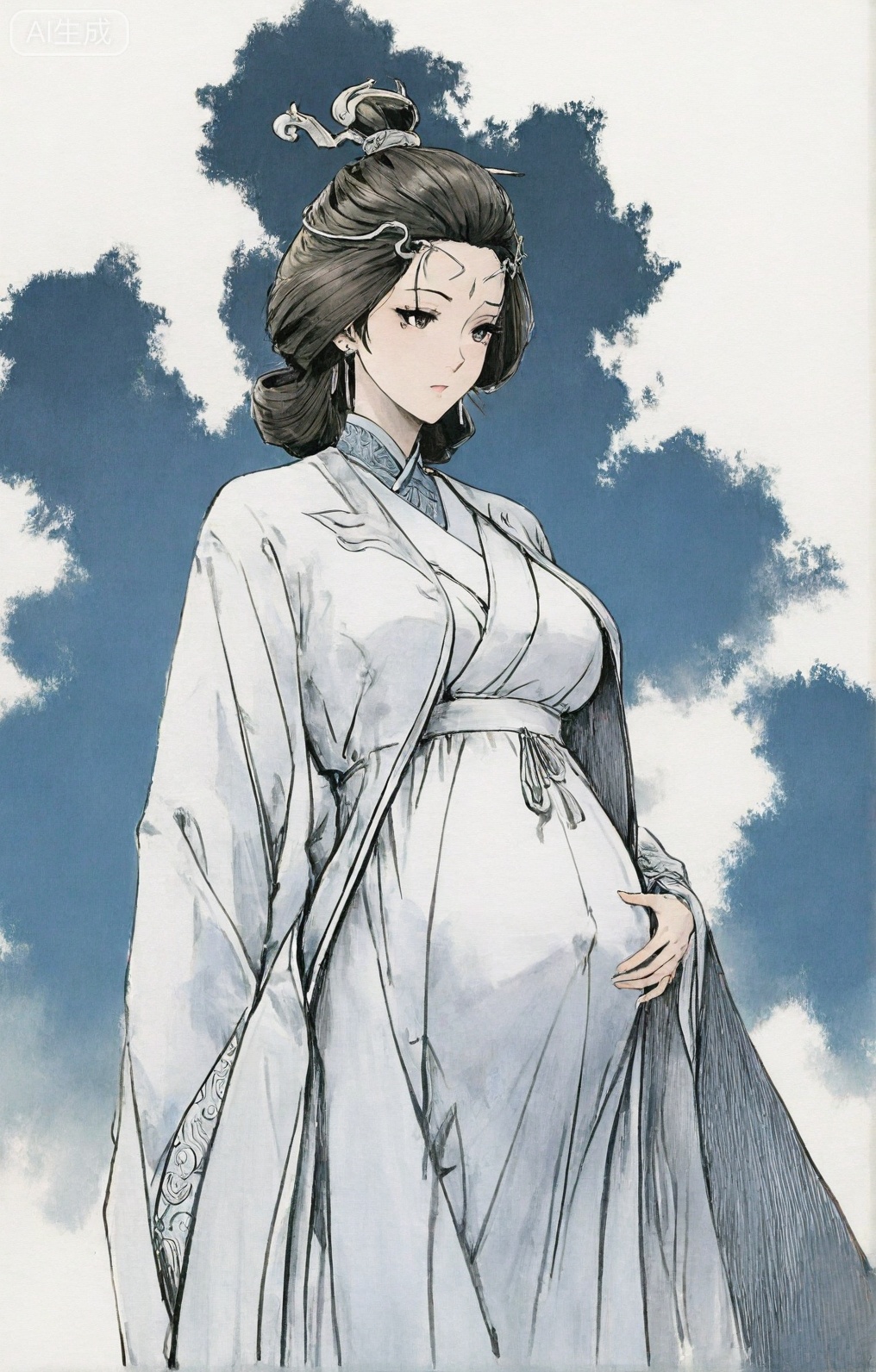 ((very awa)),(solo),highly detailed,(best quality),((masterpiece)),1girl,chi,,painting \(medium\),watercolor \(medium\),black hair,simple background,large breasts,lineart,flat color,ge,,,shuiyue,mature female,black hair,chinese clothes,hair ornament,jewelry,earrings,facial mark,maternity dress,pregnant