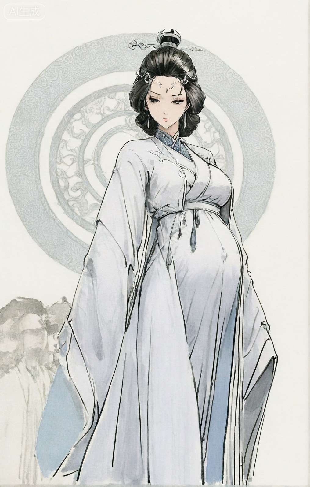 ((very awa)),(solo),highly detailed,(best quality),((masterpiece)),1girl,chi,,painting \(medium\),watercolor \(medium\),black hair,simple background,large breasts,lineart,flat color,ge,,,shuiyue,mature female,black hair,chinese clothes,hair ornament,jewelry,earrings,facial mark,maternity dress,pregnant