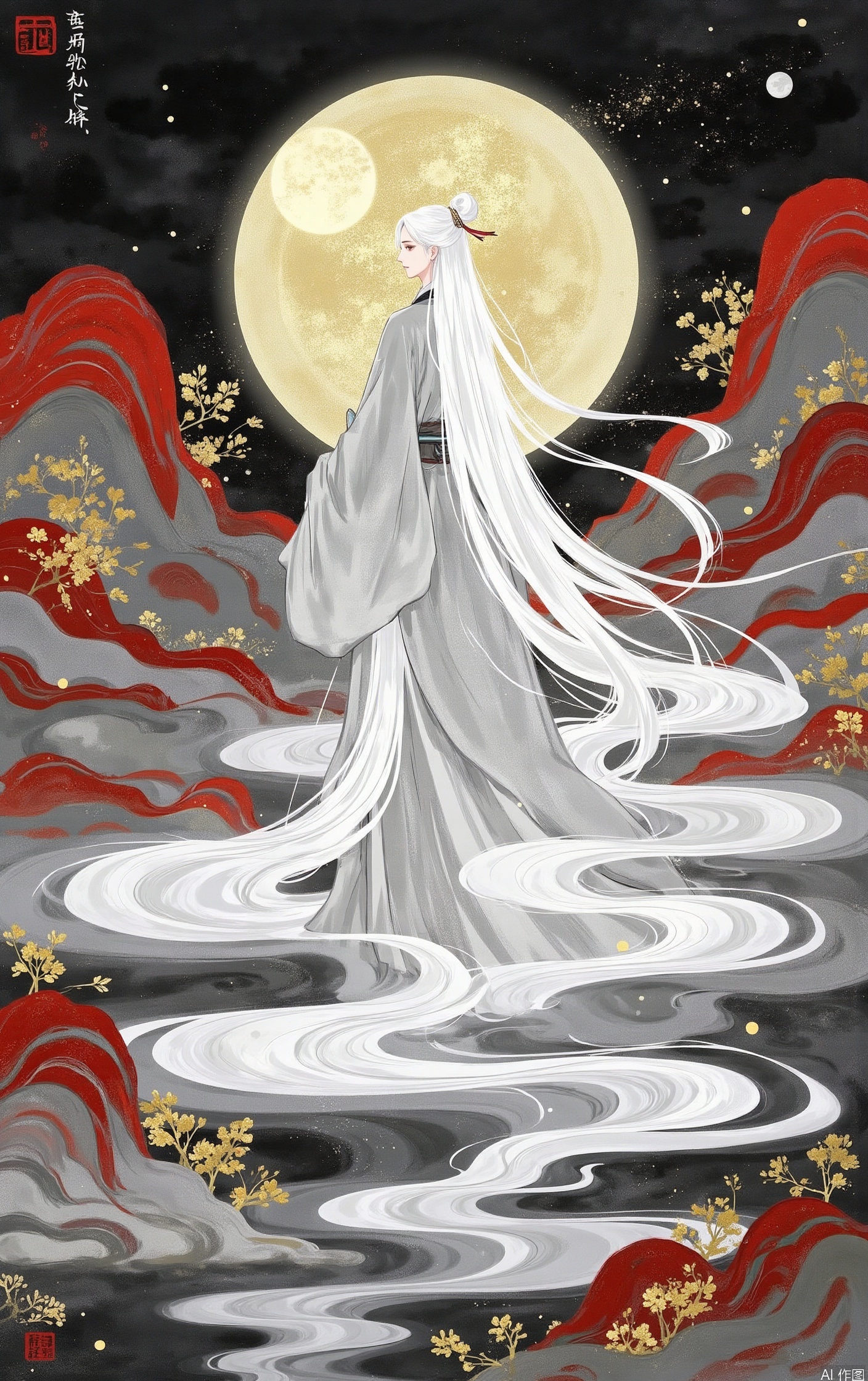 1girl,solo, long hair, hair ornament, long sleeves, very long hair, standing, full body, flower, white hair, male focus, from behind, profile, chinese clothes, moon, red flower, full moon, robe, absurdly long hair, hanfu