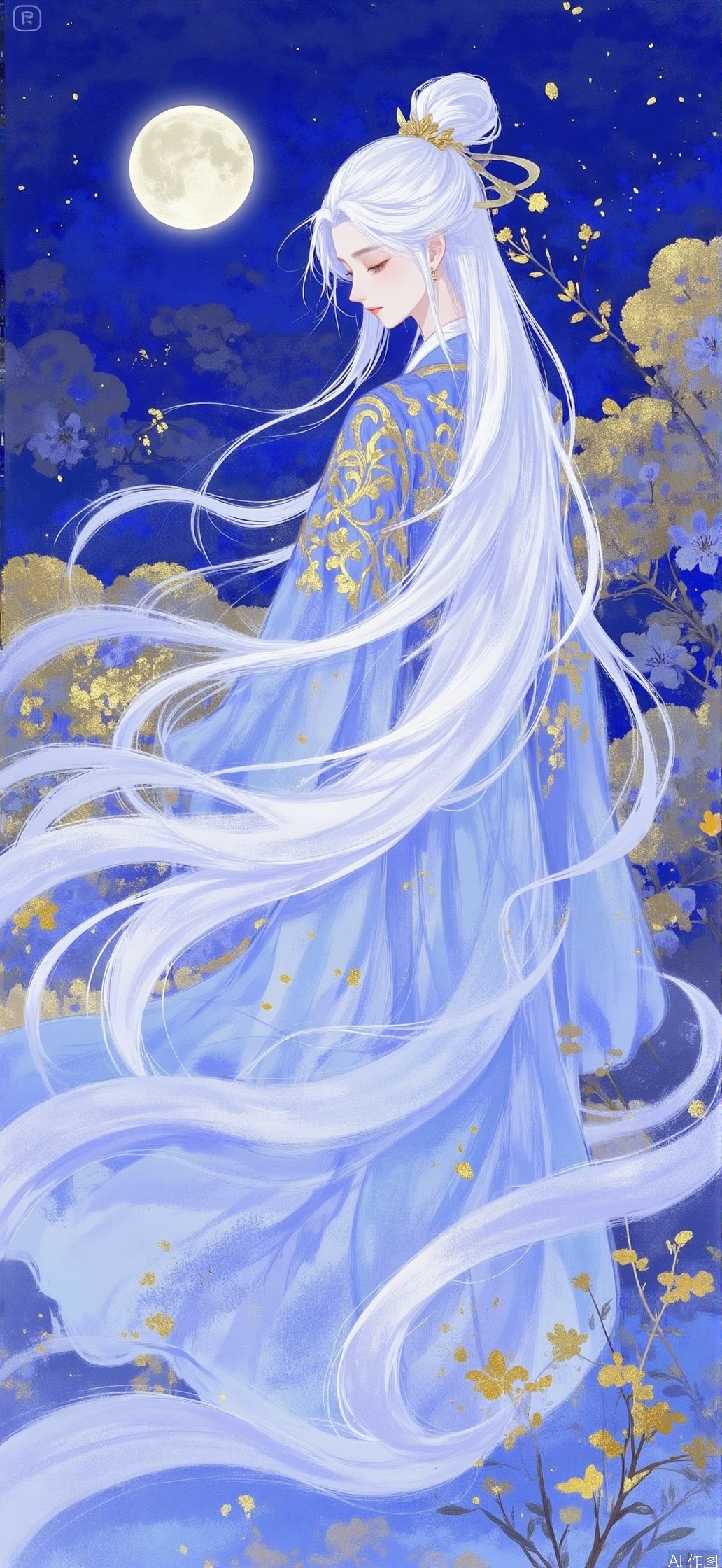 1girl, solo, long hair, dress, very long hair, standing, closed eyes, flower, white hair, sky, hair bun, night, chinese clothes, moon, full moon,Blue Theme