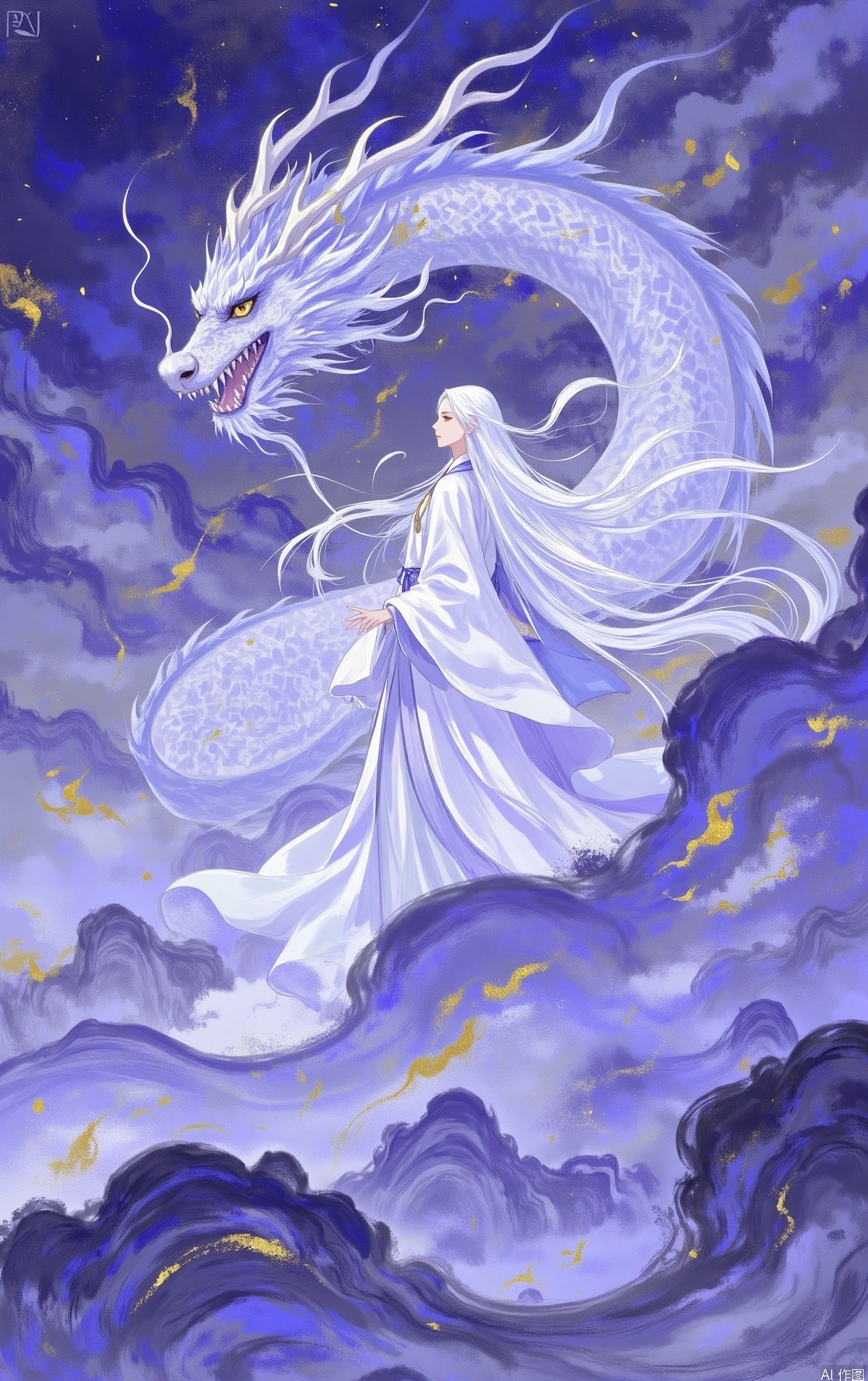 1girl, solo, long hair, long sleeves,  very long hair, standing, white hair, floating hair, wind, smoke, robe, dragon, eastern dragon,Purple Theme