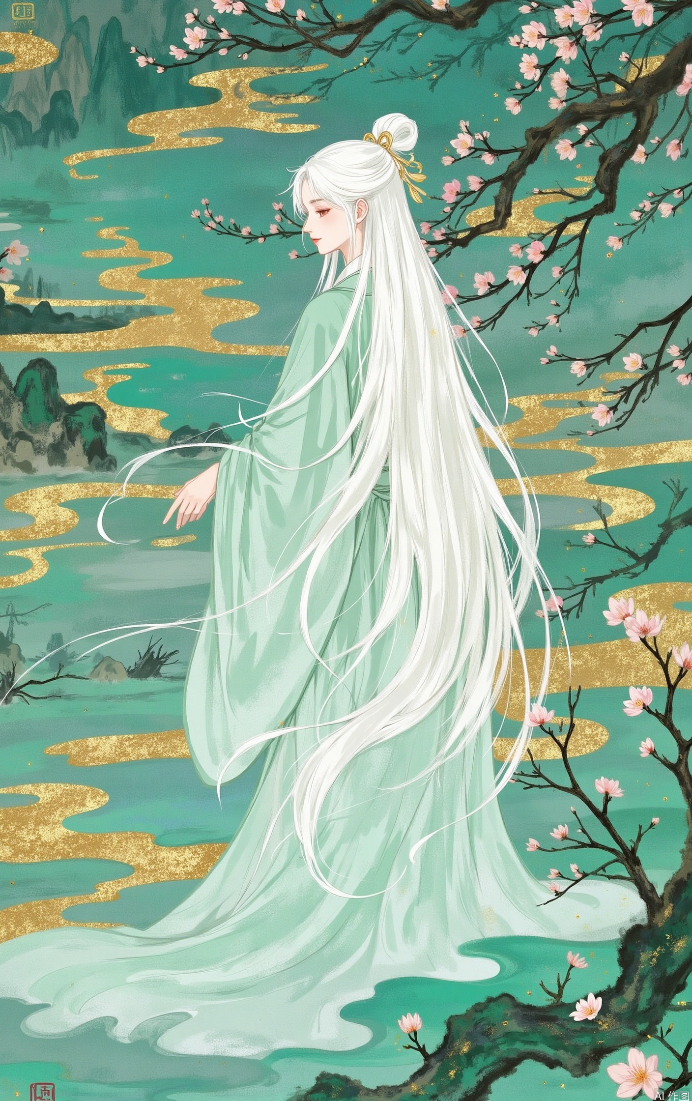 1girl, solo, long hair, bangs, hair ornament, long sleeves, very long hair, closed mouth, standing, flower, white hair, wide sleeves, water, from side, profile, chinese clothes, half updo, robe, branch, hair stick, hanfu,green theme