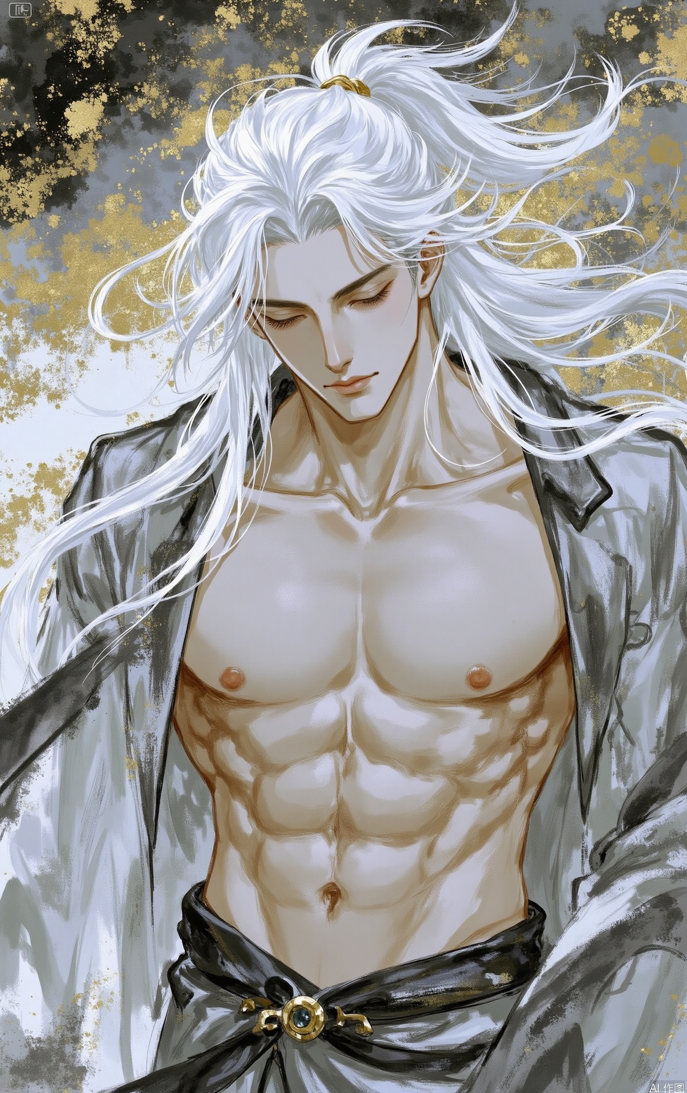 solo, long hair, 1boy, nipples, closed eyes, ponytail, white hair, male focus, muscular, abs, pectorals, topless male, bare pectorals