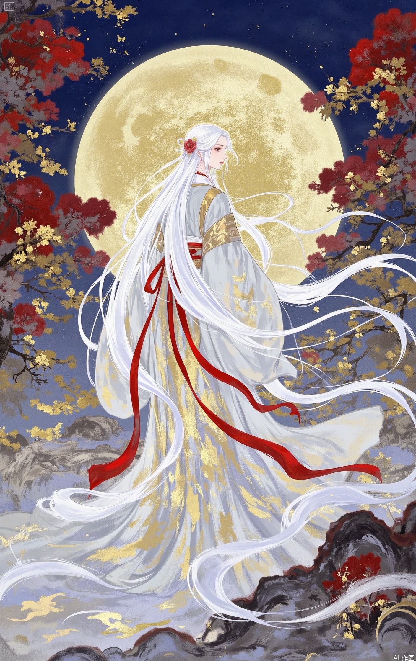 1girl, solo, long hair, hair ornament, long sleeves, ribbon, very long hair, standing, full body, flower, white hair, sky, hair flower, wide sleeves, red ribbon, tree, profile, night, chinese clothes, moon, full moon, sleeves past fingers, shawl, absurdly long hair, hanfu