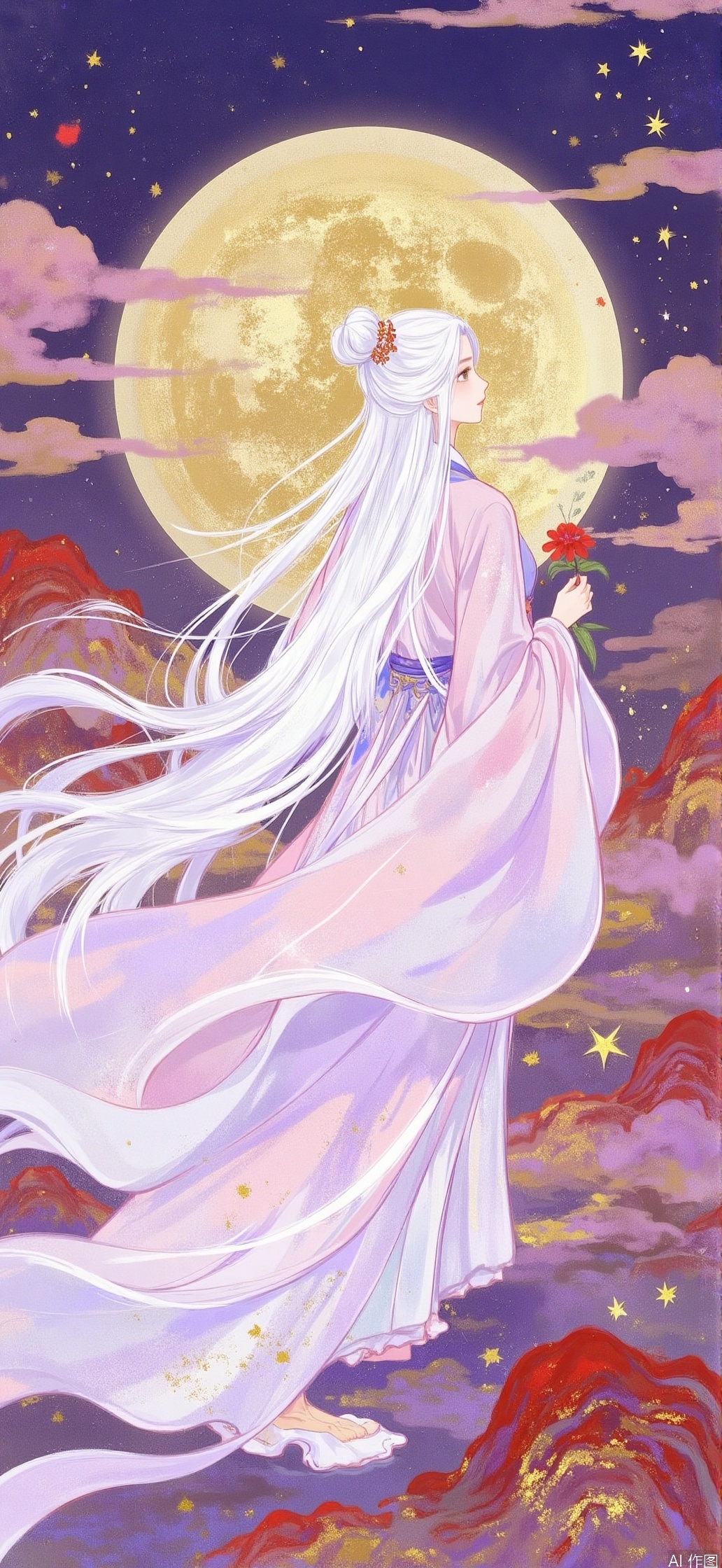 1girl, solo, long hair, hair ornament, long sleeves, dress, holding, very long hair, standing, flower, white hair, sky, cloud, hair bun, night, chinese clothes, moon, red flower, star \(sky\), full moon, holding flower, hanfu,Pink Theme