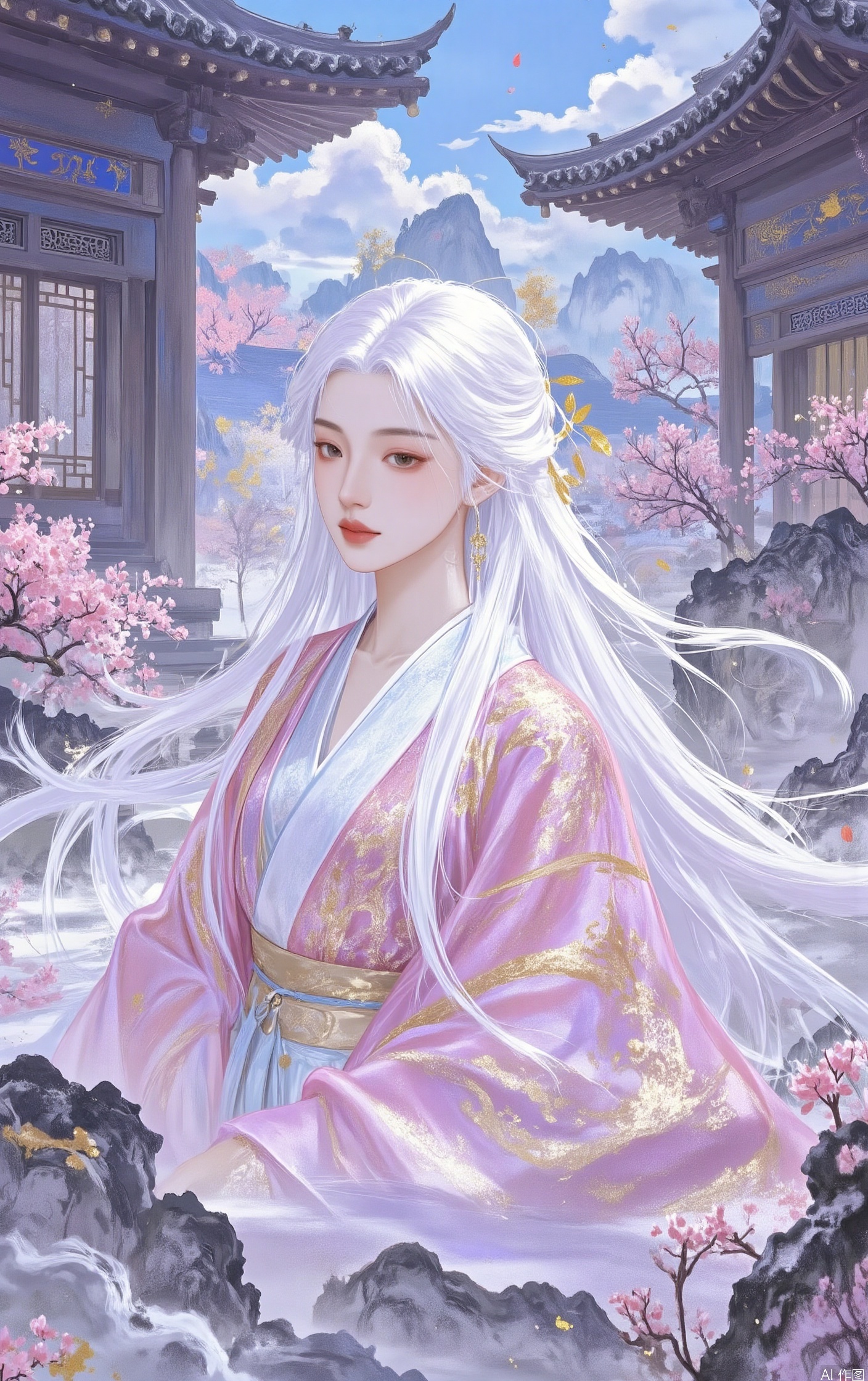 1girl, solo, long hair, jewelry, upper body, white hair, earrings, outdoors, sky, day, cloud, tree, blue sky, chinese clothes, building, architecture, east asian architecture, hanfu,pink Theme