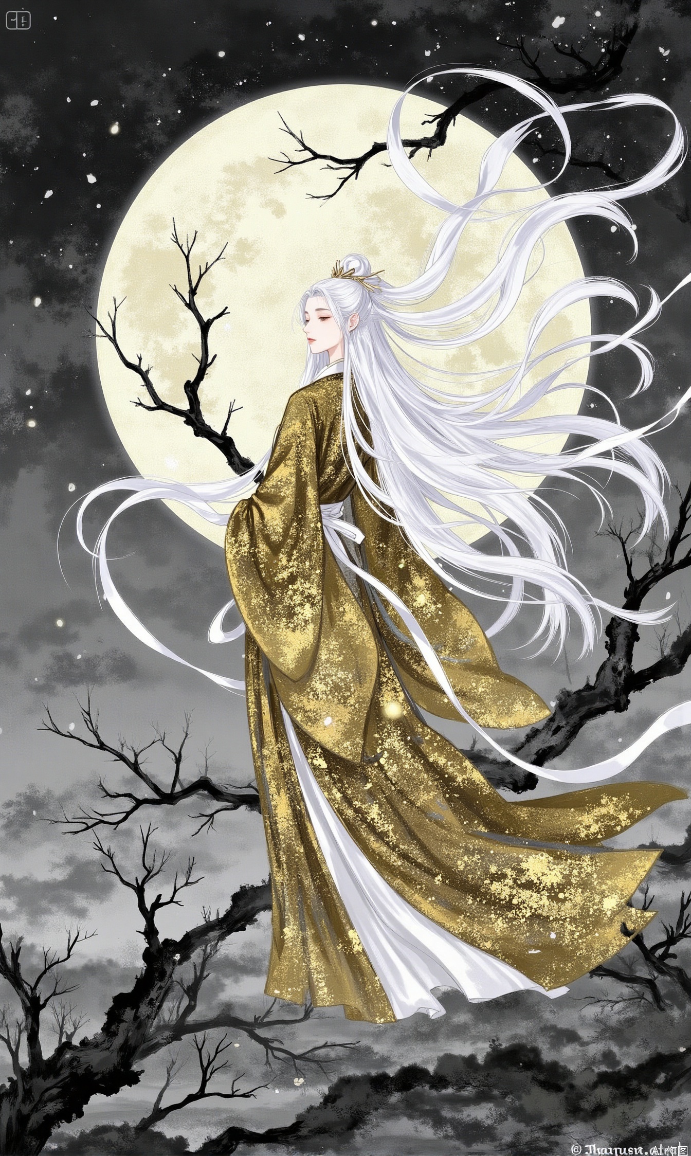 1girl, solo, long hair, long sleeves, ribbon, very long hair, standing, full body, closed eyes, white hair, wide sleeves, tree, profile, floating hair, moon, white ribbon, branch, hanfu