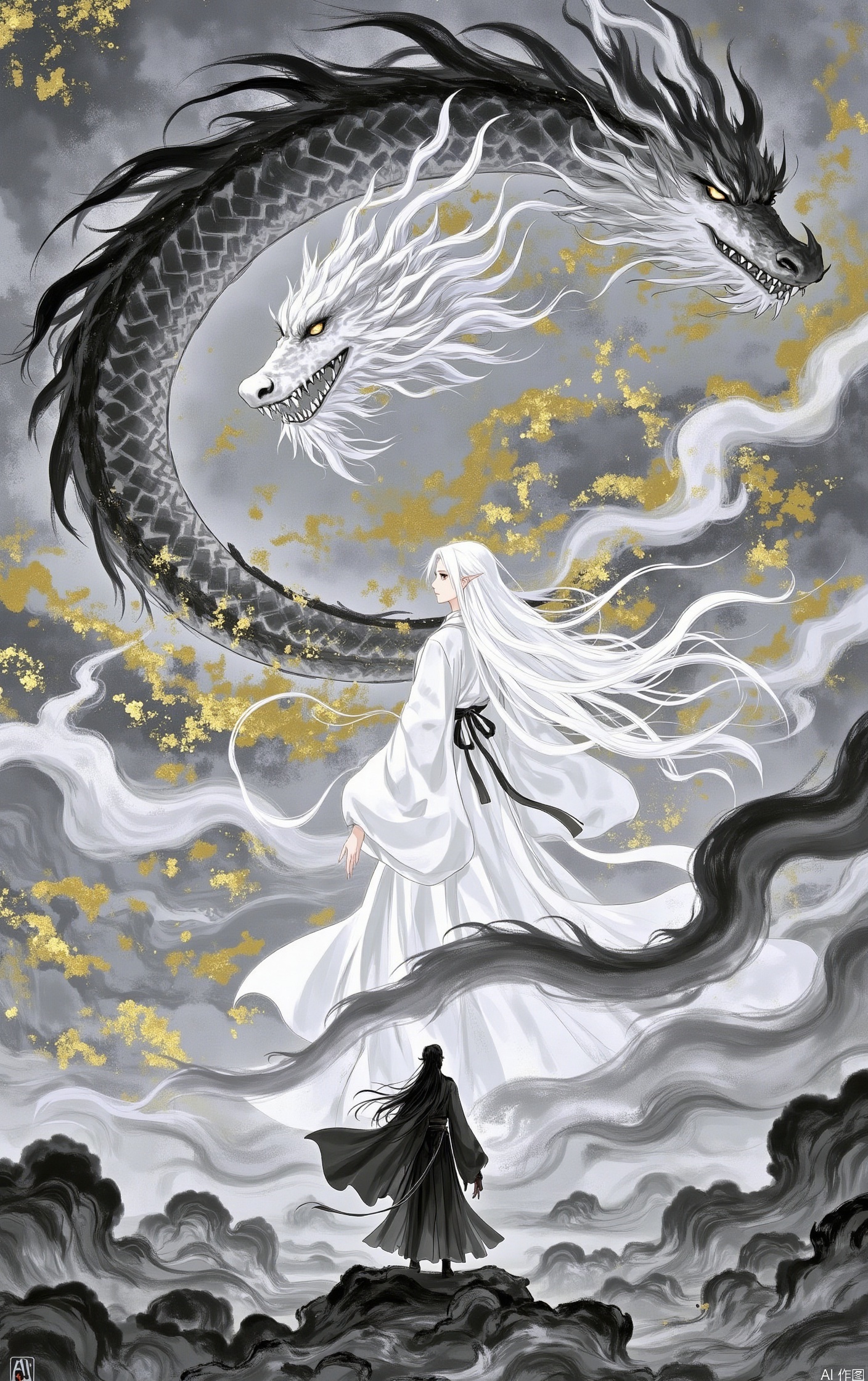 1girl, solo, long hair, long sleeves, 1boy, very long hair, standing, white hair, floating hair, wind, smoke, robe, dragon, eastern dragon