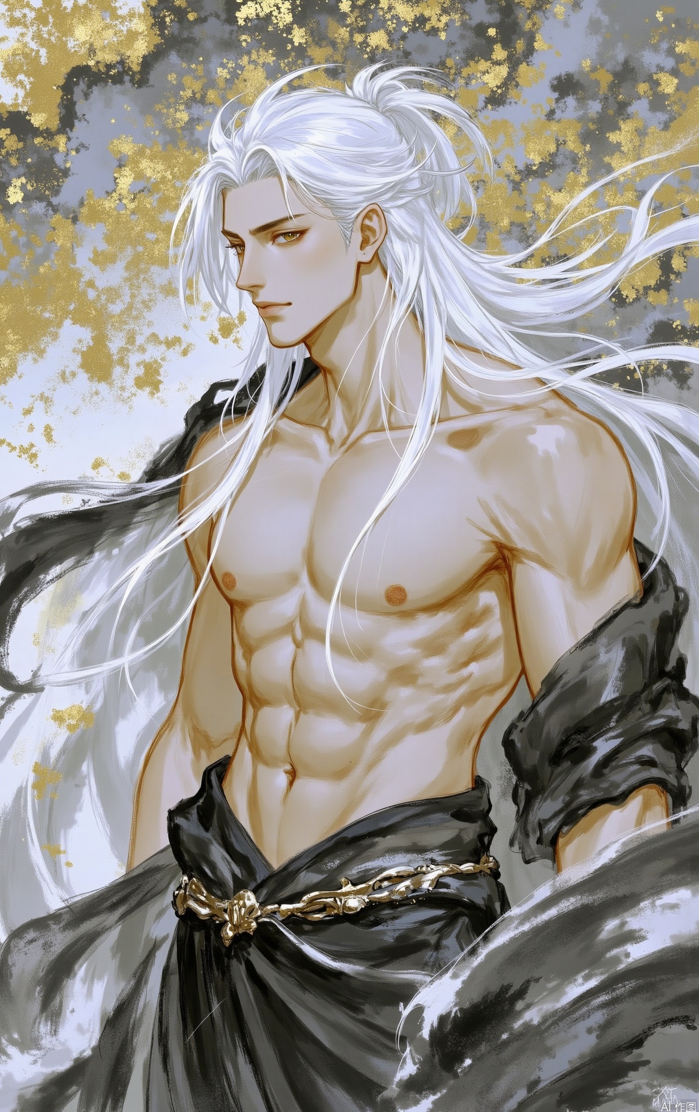 solo, long hair, 1boy, nipples, looking at viewers,  ponytail, white hair, male focus, muscular, abs, pectorals, topless male, bare pectorals