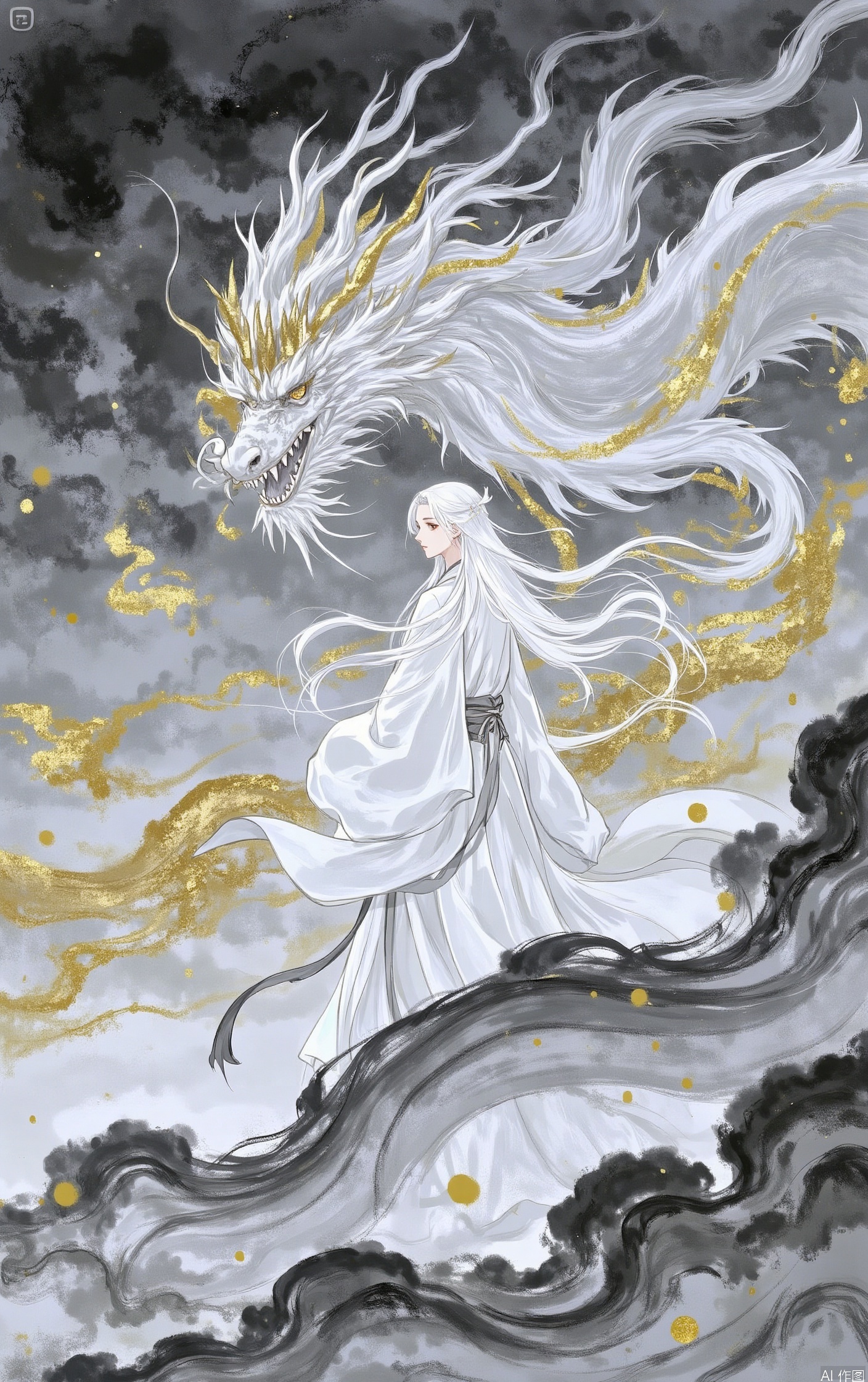 1girl, solo, long hair, long sleeves,  very long hair, standing, white hair, floating hair, wind, smoke, robe, dragon, eastern dragon