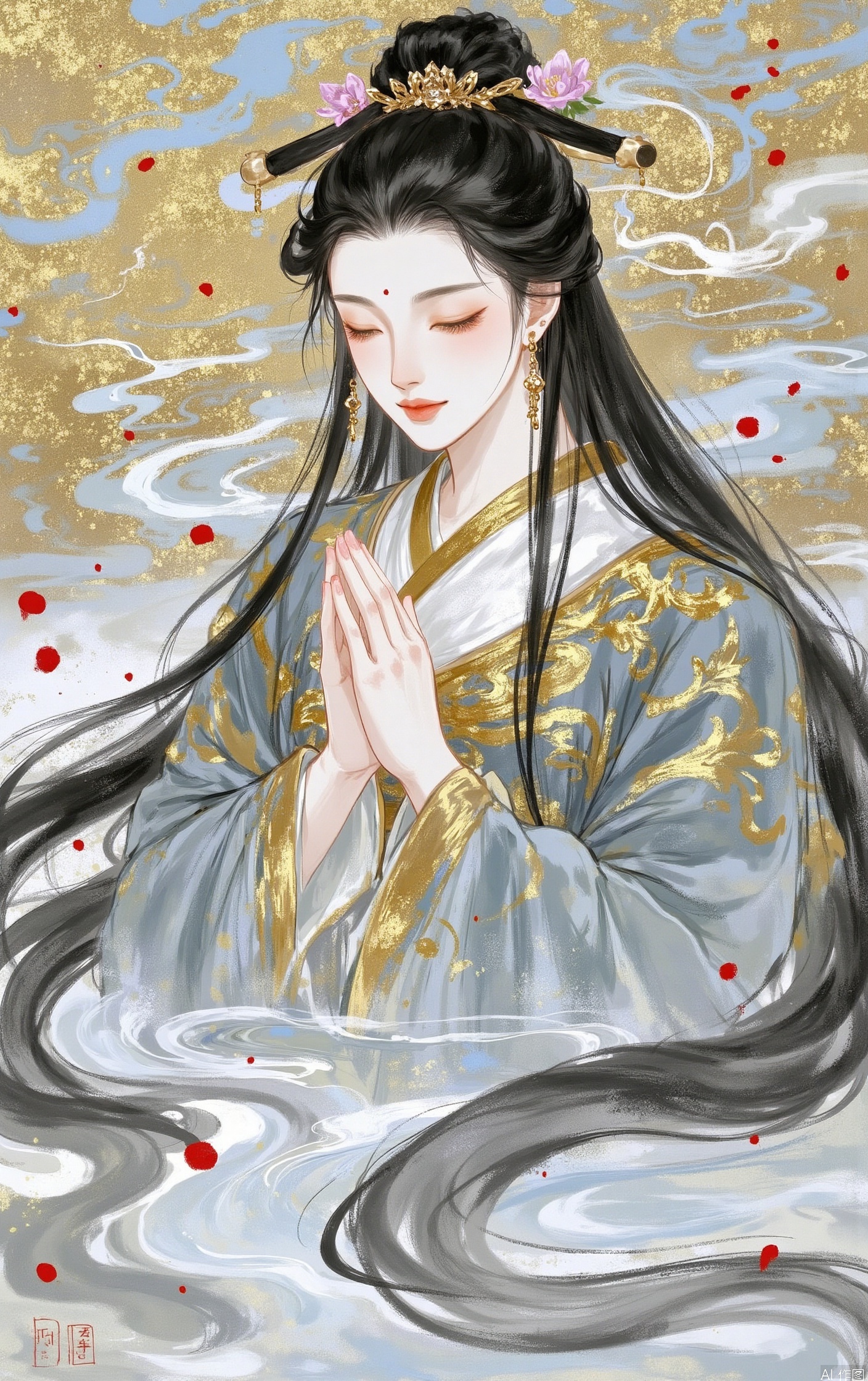 1girl, solo, long hair, black hair, hair ornament, long sleeves, jewelry, closed mouth, closed eyes, upper body, flower, earrings, hair flower, water, facial mark, chinese clothes, own hands together, forehead mark, red lips, praying, hanfu