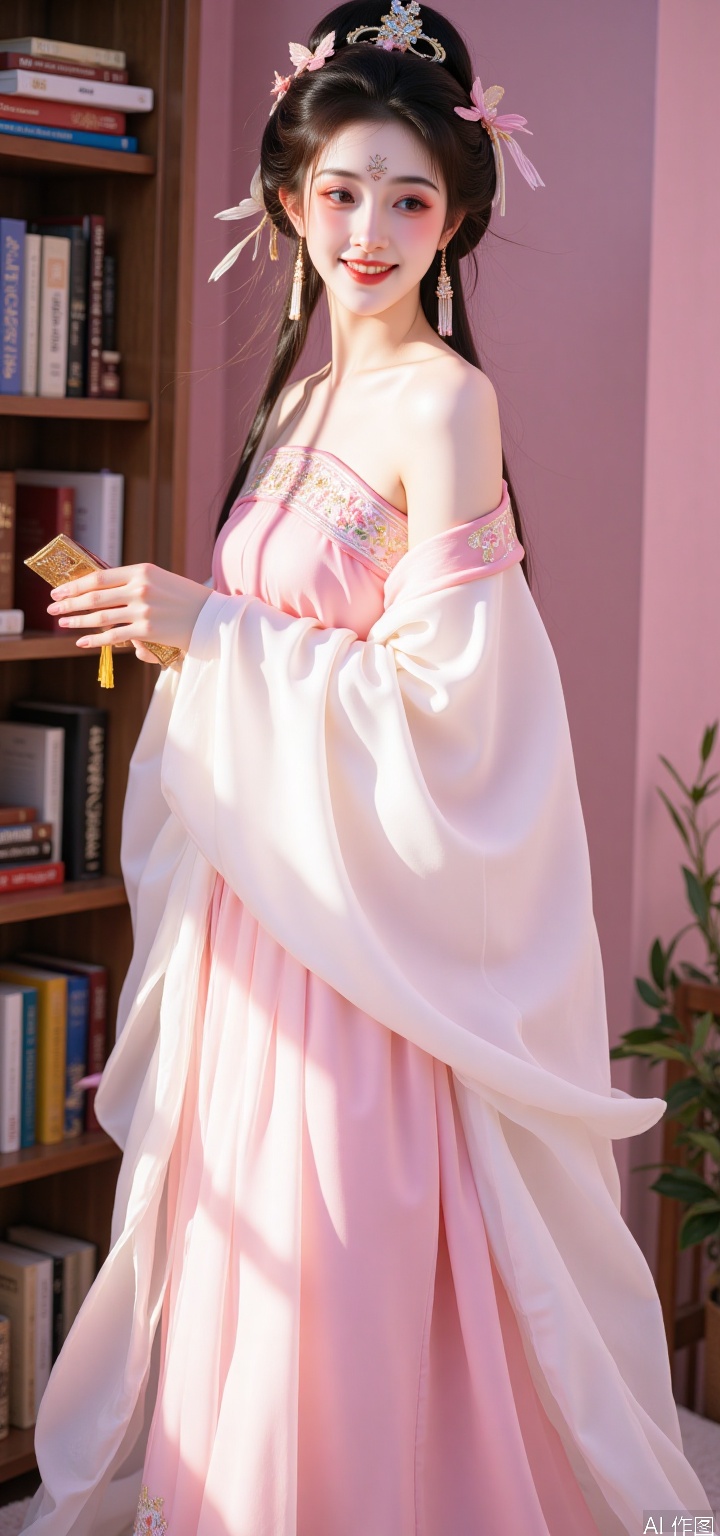 Side-off-shoulder ancient style skirt suit highlighted by side light
In front of the bookshelf in the pink room, side light shone in through one window, highlighting the model's figure curve, and she smiled gently. She wore an off-shoulder ancient style skirt suit, with the upper robe in pink and white, and one side of the shoulders were exposed. Under the side light, the skin exuded a soft luster. The other side has a narrow sleeve that fits the arm, with pink petals embroidered on the cuffs, and the details of the petals are clearly visible in the side light. The neckline embroidered with butterflies in white silk thread, slightly revealing the chest, showing a proud figure, and the side light outlines the curve of the chest even more charming. The lower skirt is a pink pleated skirt with a high waist design. A pink ribbon is tied to the waist, highlighting the slender waist, and the side light forms a bright line around the waist. The hem of the skirt is layered, length to the ankle, and the side is slit to the middle of the thigh, revealing the beautiful legs wearing flesh-colored stockings. There is a light pink bow pattern on the stockings, which is looming in the side light, adding a bit of dreaminess. She wore pink and white embroidered shoes with pink flowers embroidered on the upper and 4 cm heel, which made her look more refined in the side light. The model held an ancient book in his hand and looked slightly sideways, with gentle and charming eyes, and a smile like a gurgling stream, which complements the atmosphere created by the side light.