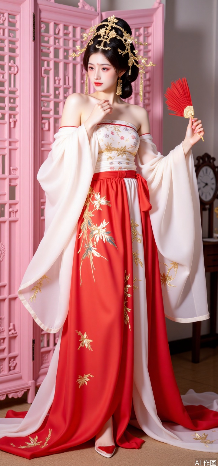 Off-shoulder high-slit Tang-made skirt
In the room with the pink curtains hanging down, the plump model stood beside the pink carved screen. She was wearing an off-shoulder Tang Dynasty dress. The upper robe was light and transparent, with half-covered and half-covered highlighting her proud breasts. The neckline was irregularly cut, one side of the shoulder was exposed, the skin was as snowy as the edge of the neckline, and the complex curly grass patterns were embroidered with gold thread. The narrow sleeves are closed between the wrists and the cuffs are embroidered with petals embroidered with light pink silk thread. The lower skirt is bright red, made of light gauze fabric, with golden peonies embroidered on it, making it grand. The skirt is tied up from the waist, outlining the slender waist, the hem of the skirt is slit high to the base of the thighs, and the slender legs are wrapped in flesh-colored lace stockings, which are faintly visible and add to the sexy. She wore red brocade high heels, the heel was 10 cm high, the toe was slightly raised, and the upper was embroidered with gold thread, echoing the lower skirt. The model held a scarlet feather fan in his hand, covering the corners of his lips with a charming look on his face, and he seemed to be smiling.