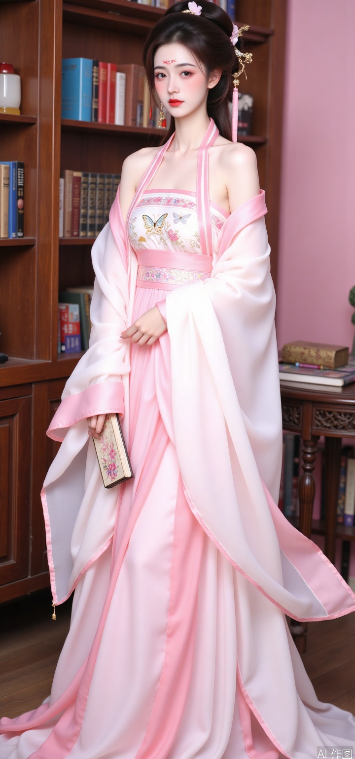 Side-off-shoulder ancient style skirt suit
In front of the bookshelf in the pink room, the model was wearing a side-off ancient style skirt suit. The upper robe is pink and white, with bare shoulders on one side, narrow sleeves on the other side and pink petals embroidered on the cuffs. The neckline embroidered with butterflies in white silk thread, slightly revealing the chest, showing off its proud figure. The lower skirt is a pink pleated skirt with a high waist design, with pink ribbons tied around the waist, highlighting the slender waist. The hem of the skirt is layered, length to the ankle, and the side is slit to the middle of the thigh, revealing the beautiful legs wearing flesh-colored stockings, and there is a light pink bow pattern on the stockings. She wore pink and white embroidered shoes with pink flowers embroidered on the upper and 4 cm heel. The model held an ancient book in his hand and looked slightly sideways, with gentle and charming eyes.
