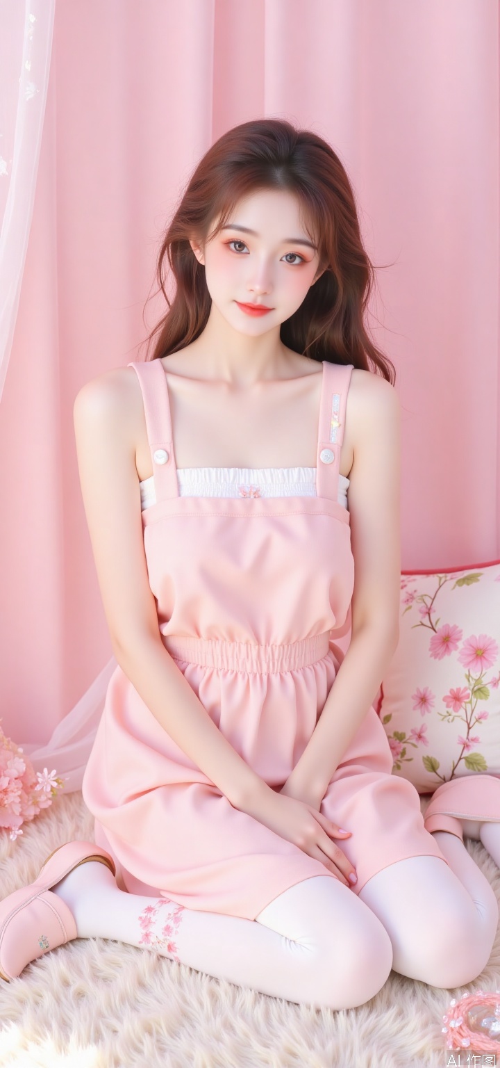 Sweet cherry blossom pink strap skirt style
On the soft carpet of the pink room, the model wore a sweet style cherry pink strap skirt. The strap part of the strap skirt is decorated with white buttons, and the high waist design raises the waistline, showing the proud chest and slender waist. The hem of the skirt is designed with a pleated length below the middle of the thigh, showing slender legs, and the skirt has a light white cloud pattern. Wear a short white knitted top inside, with a ribbon with cherry blossom pink on the neckline, and the short top highlights the flat belly. The model was wearing white stockings with cherry blossom pink love pattern on the stockings. Sakura pink low-heeled Mary Jane shoes, round toe, upper with a white bow and heel height 3 cm. She sat on the carpet, leaning against the pink pillow, with her eyes playful and charming.