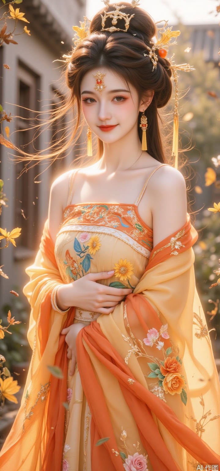 A beautiful face in the prosperous era: a lively girl in the warm orange and yellow sunshine
In the courtyard next to the lively street market in Chang'an, the afterglow of the sunset is like orange and yellow. The beauty smiled like a bright sun. She was combed with a pair of buns, and each of them was inserted into the buns. The glass was bright in color, and it was as attractive as a ripe orange in the afterglow. The flower hairpin is lively in shape, and the petals seem to sway in the wind.
She wore an orange-yellow chest-length skirt, with a cotton top, and a light texture. The afterglow was shining with a warm luster. The neckline and cuffs are embroidered with gold threads, which outline the deer's agile posture, lifelike. The blooming sunflowers were embroidered with colorful silk threads on the robe, and the colors were brighter in the afterglow, as if chasing the sun. The lower skirt is composed of multiple layers of light orange yarn, with the outermost layer embroidered with golden bees. In the afterglow, the bees seem to be busy collecting honey. The inner skirt is embroidered with light pink rose patterns, which appear and disappear when walking.
A orange tulle cloak with yellow daisies embroidered on the edges, and the stamens are decorated with tiny golden beads, which shines under the afterglow. Wearing orange agate earrings, passionate. There is a pair of copper bell bracelets on the wrist. The bells ring crisply when walking, adding more lively to the afterglow. Holding a folding fan with a spring outing picture, the fan bones are peach wood, with natural texture, and the fan surface is bright in color, showing its liveliness.