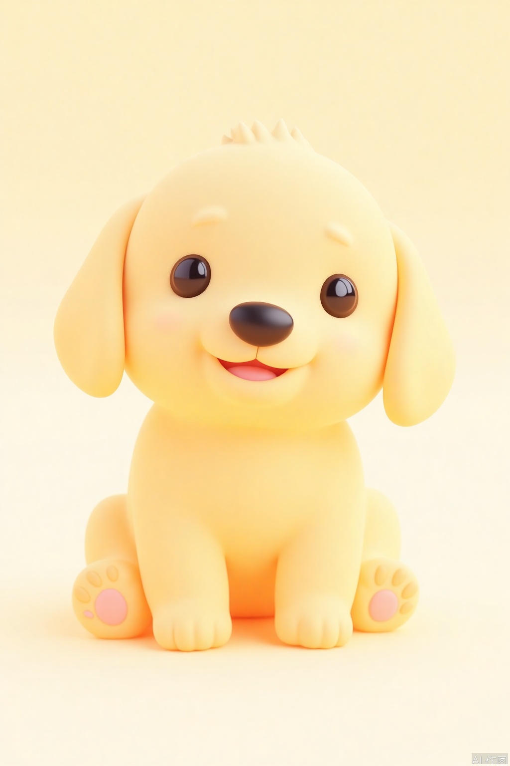 OBziyuxi,
A single cartoon-style Golden Retriever puppy with soft pastel golden fur and smooth, plastic-like nose, sitting against a gradient of light yellow and white. The puppy is depicted with simple, rounded shapes and has a friendly, playful expression. Focus on the fur texture and nose reflection.