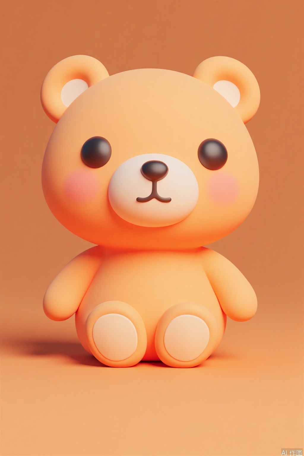 OBziyuxi,
A close-up of a cartoon-style teddy bear with soft pastel brown fur and smooth, plastic-like eyes, rendered against a gradient of warm brown and beige. The bear is depicted with simple, rounded shapes and has a gentle expression. Focus on the texture and shading of the fur and the clarity of the eyes.