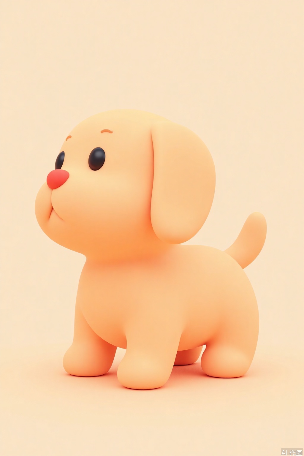 OBziyuxi,
A single cartoon-style puppy with soft pastel brown fur and smooth, plastic-like nose, standing against a gradient of light brown and white. The puppy is depicted with simple, rounded shapes and has a playful, wagging tail. Focus on the fur texture and the nose's smoothness.
