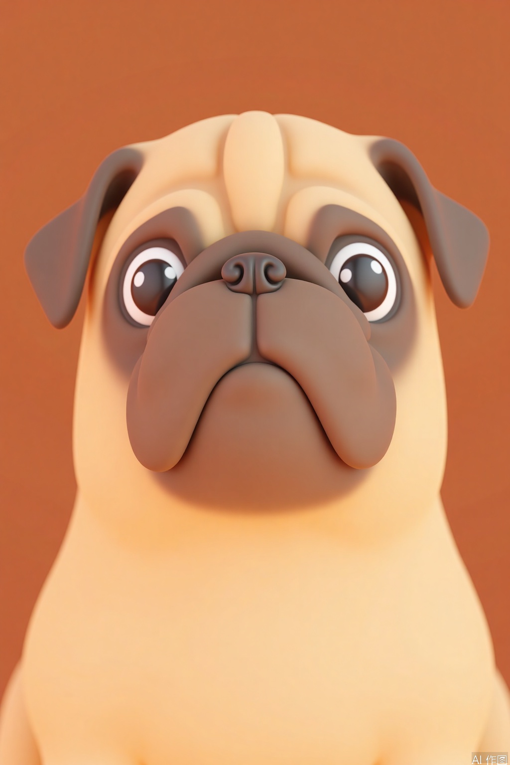 OBziyuxi,
A close-up of a cartoon-style pug with soft pastel fawn fur and smooth, plastic-like wrinkles, rendered against a gradient of warm brown and beige. The pug has simple, rounded shapes and a slightly grumpy, yet endearing expression. Focus on the texture and detail of the wrinkles.