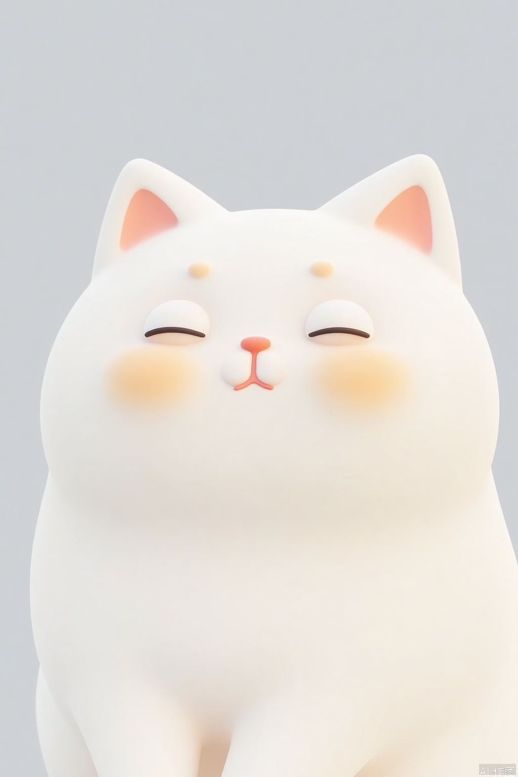OBziyuxi,
A close-up of a cartoon-style Persian cat with soft pastel white fur and smooth, plastic-like eyes, rendered against a gradient of light gray and white. The cat is depicted with simple, rounded shapes and has a serene, calm expression. Focus on detailed fur strands and eye clarity.
