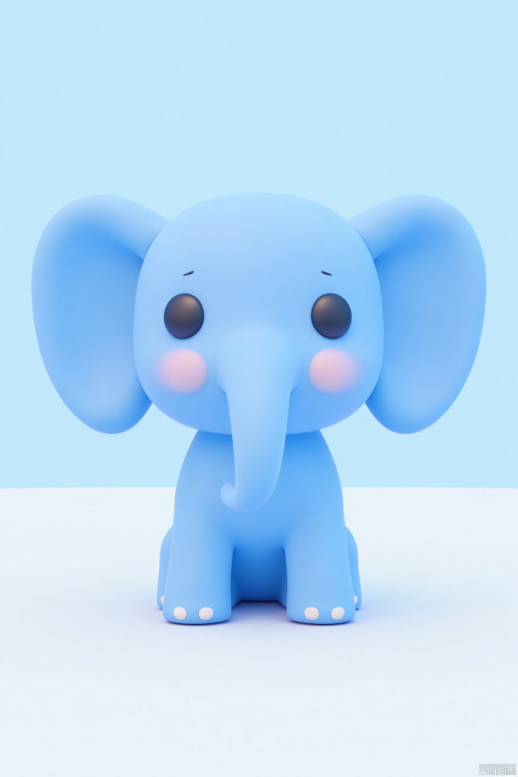 OBziyuxi,
A single cartoon-style elephant calf with soft pastel blue skin and smooth, plastic-like tusks, standing against a gradient of light blue and white. The elephant is depicted with simple, rounded shapes and has large, floppy ears. Focus on the skin texture and the tusks' smoothness.
