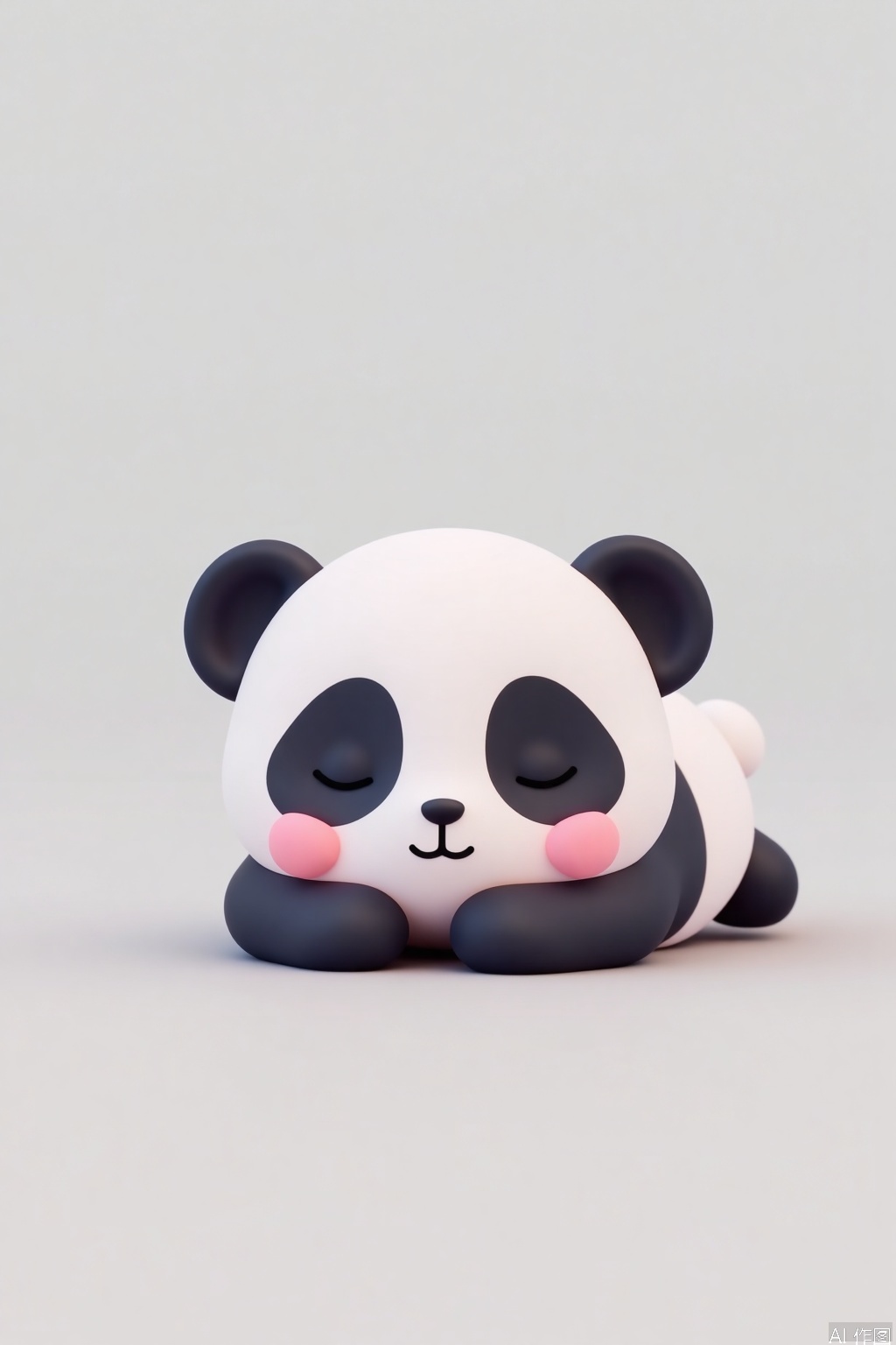 OBziyuxi,
A cartoon-style baby panda sleeping with soft pastel black and white fur and smooth, plastic-like ears, curled up against a gradient of light gray and white. The cub is depicted with simple, rounded shapes and has a relaxed, peaceful expression. Focus on the fur texture and smooth ear details.