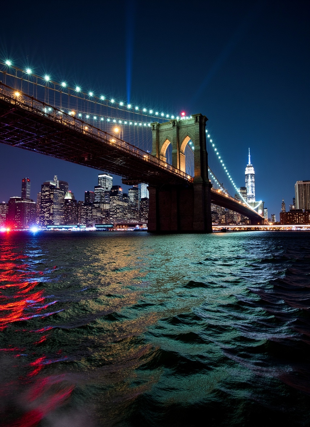 This is a stunning nighttime photograph capturing the Brooklyn Bridge from a vantage point on the water,  likely from a bo...