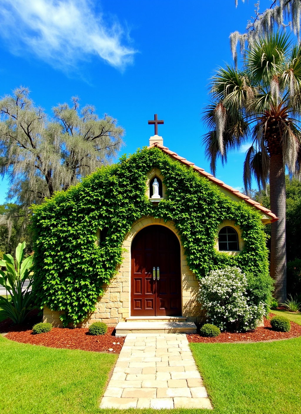 This is a picturesque,  sunlit photograph of a charming,  ivy-covered chapel or small church nestled in a lush on Tensor.Art