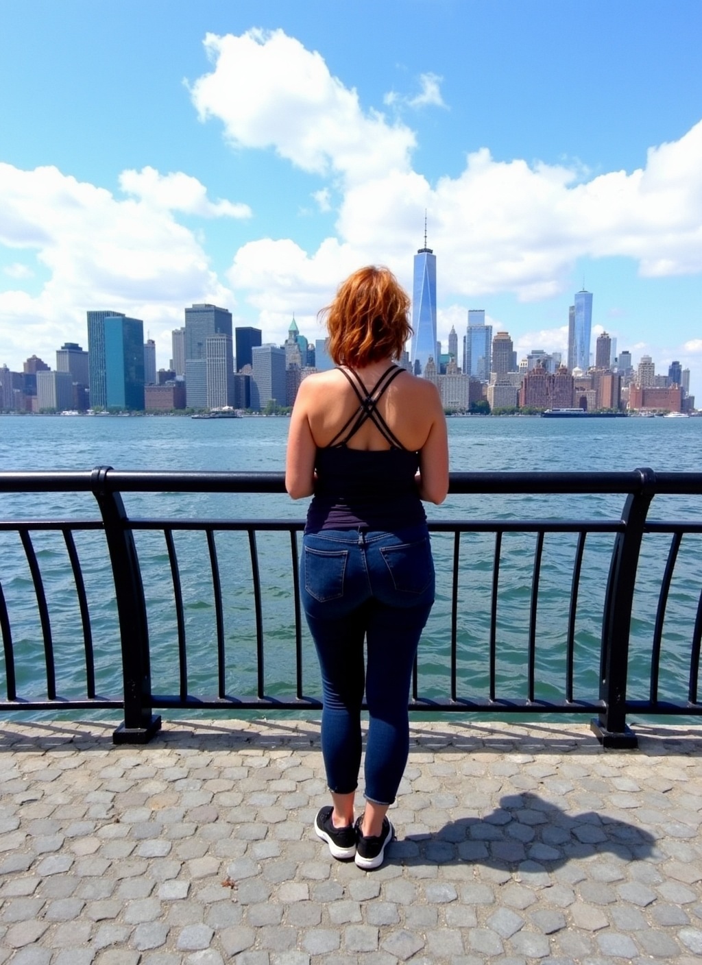 A mature woman with red hair stands facing away from the camera,  looking out over a body of water toward a distant city s...