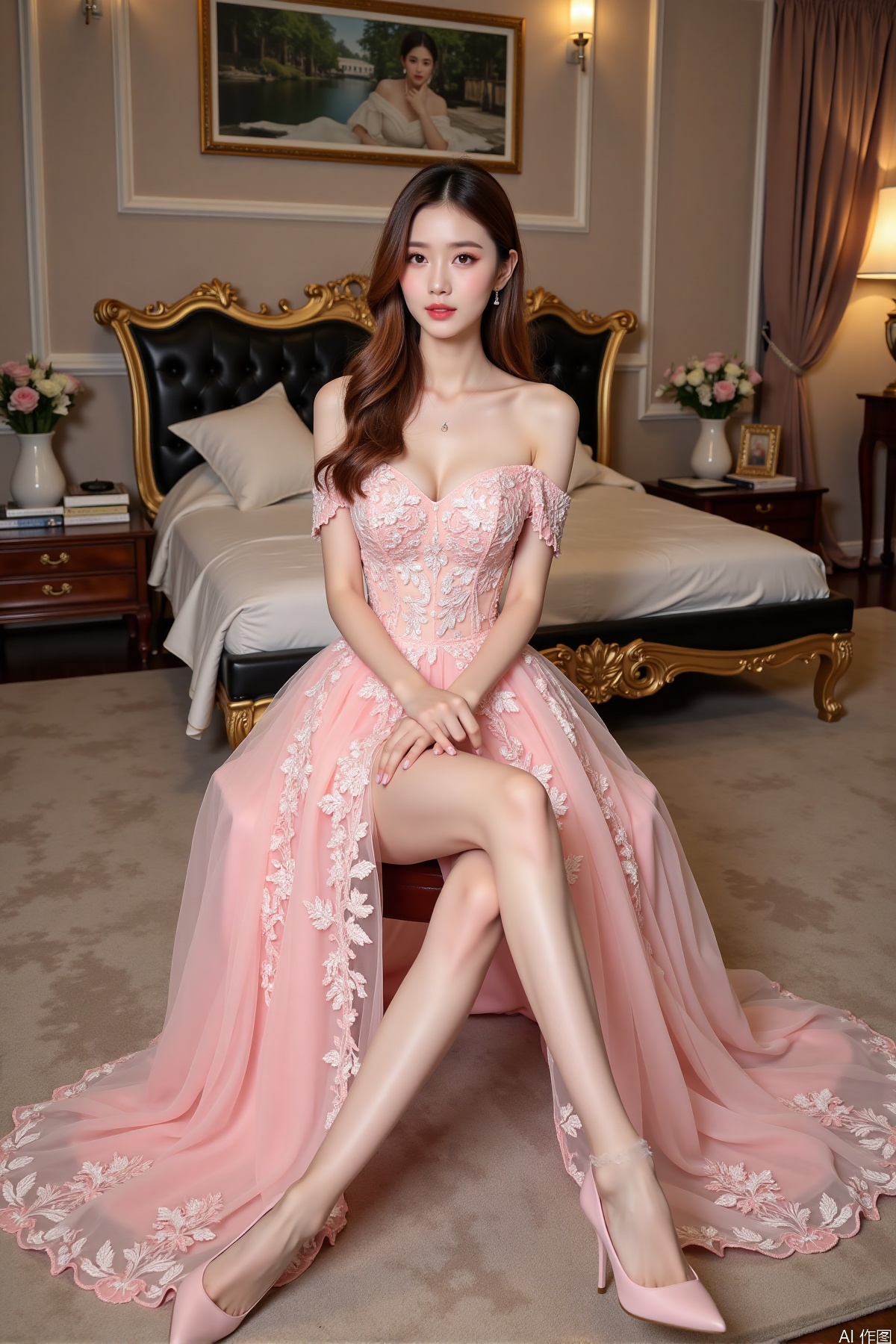Realistic photo, one young woman, long hair, fair skin, big breast, off-shoulder pink lace gown with intricate floral embroidery, long legs, pink high heels, full body, sitting on the ground, luxury living room, flowers,