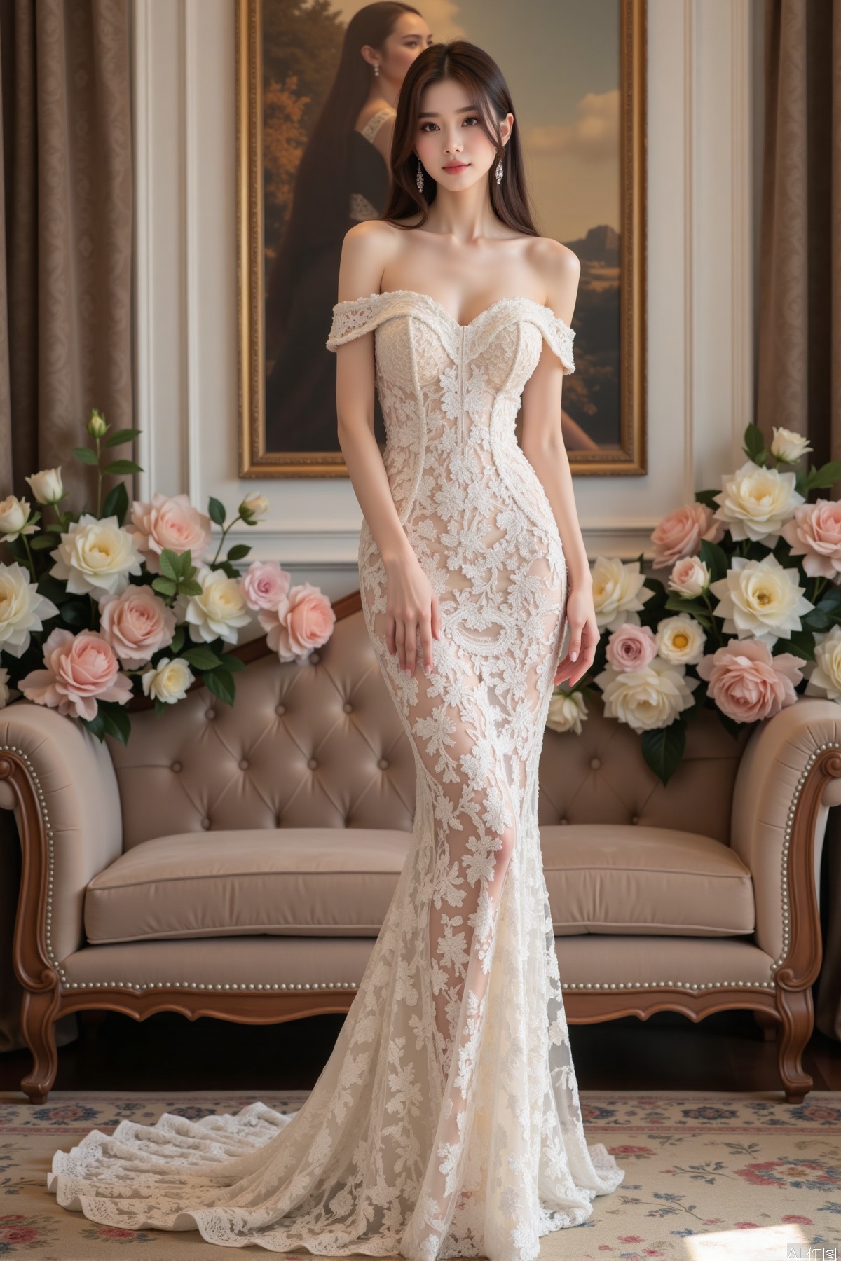 Realistic photo, one young woman, long hair, fair skin, big breast, off-shoulder lace gown with intricate floral embroidery, long legs, high heels, full body, standing, luxury living room, flowers,