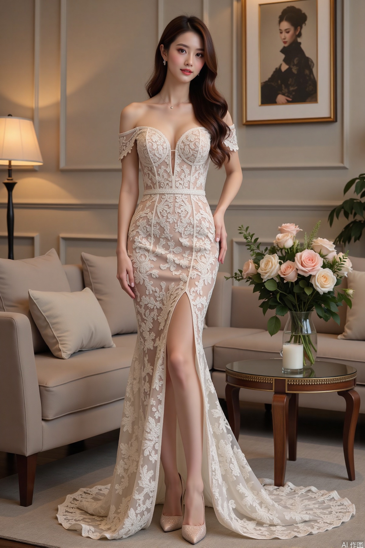 Realistic photo, one young woman, long hair, fair skin, big breast, off-shoulder lace gown with intricate floral embroidery, long legs, high heels, full body, standing, luxury living room, flowers,