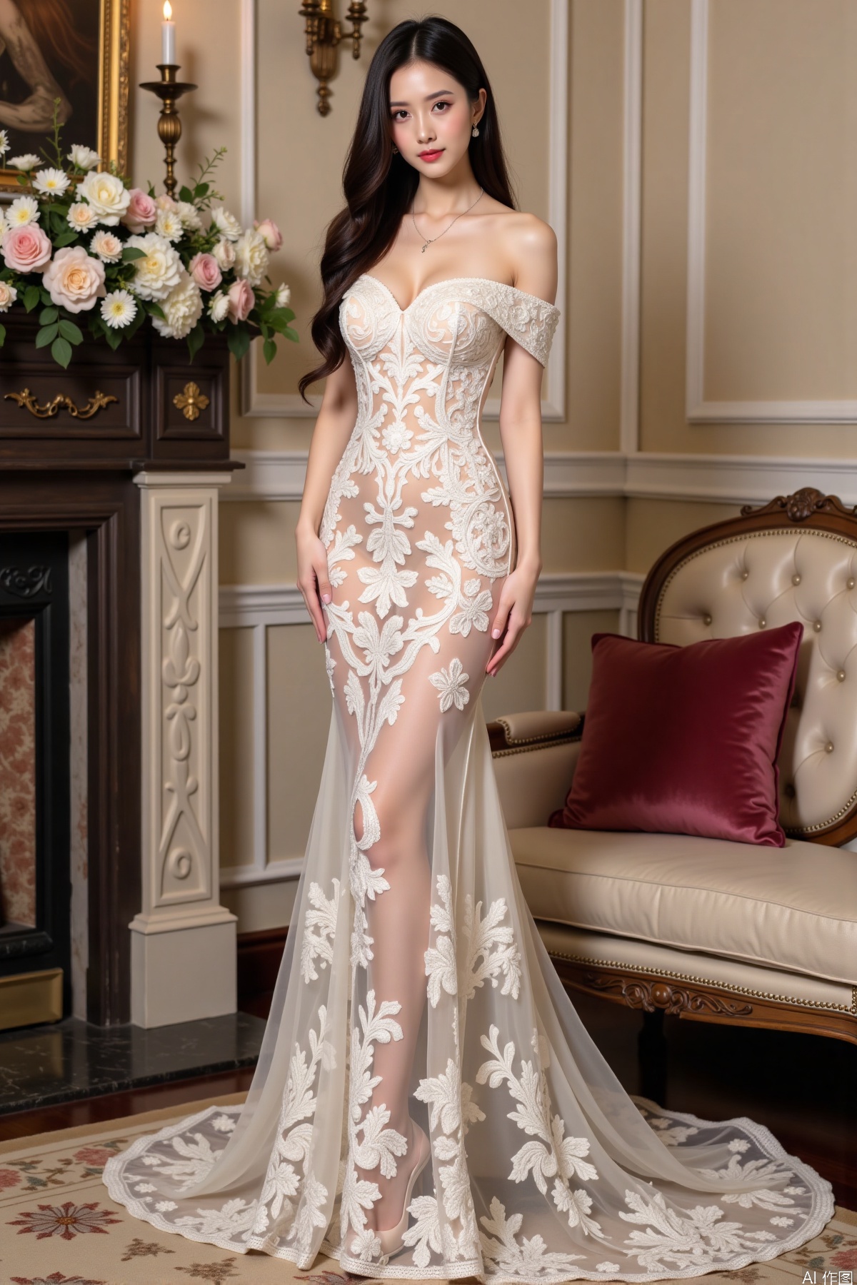 Realistic photo, one young woman, long hair, fair skin, big breast, off-shoulder lace gown with intricate floral embroidery, long legs, high heels, full body, standing, luxury living room, flowers,