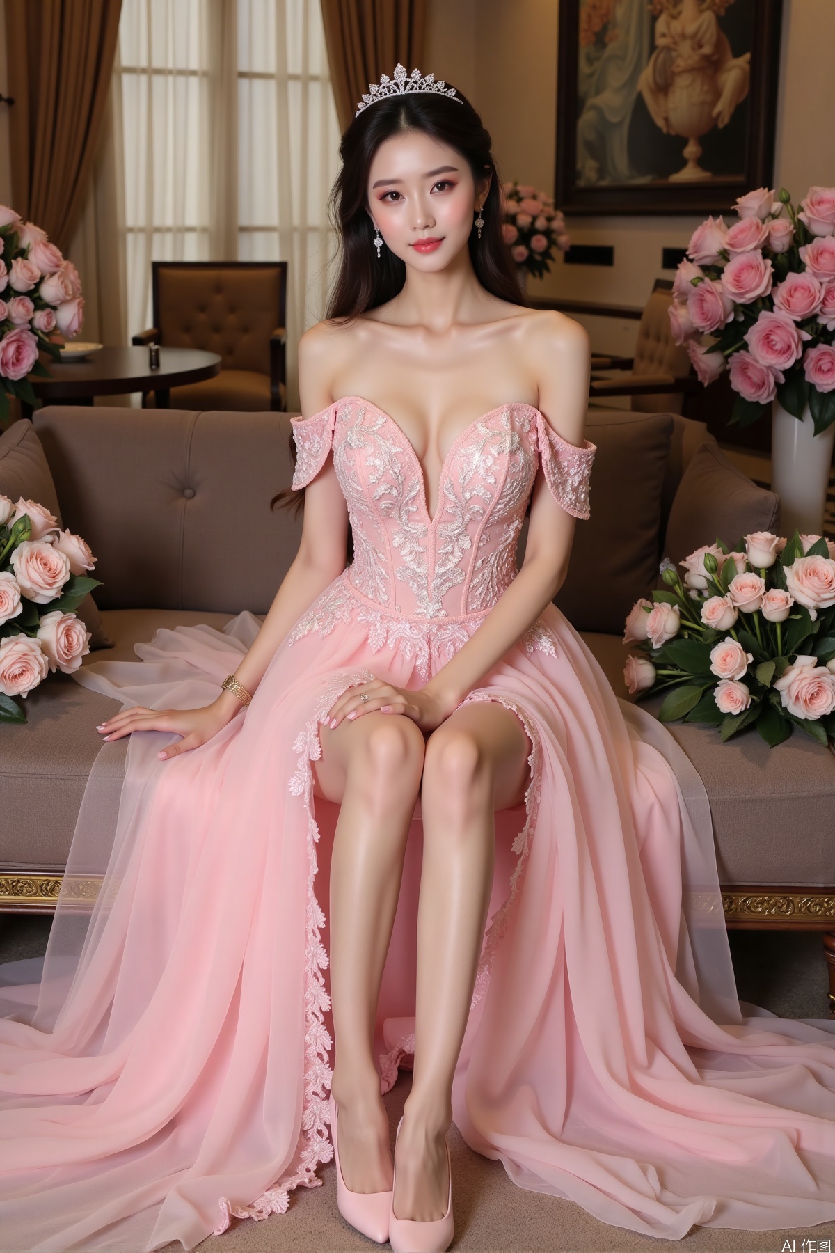 Realistic photo, one young woman, long hair, fair skin, big breast, off-shoulder pink lace gown with intricate floral embroidery, long legs, pink high heels, full body, sitting on the ground, luxury living room, flowers,