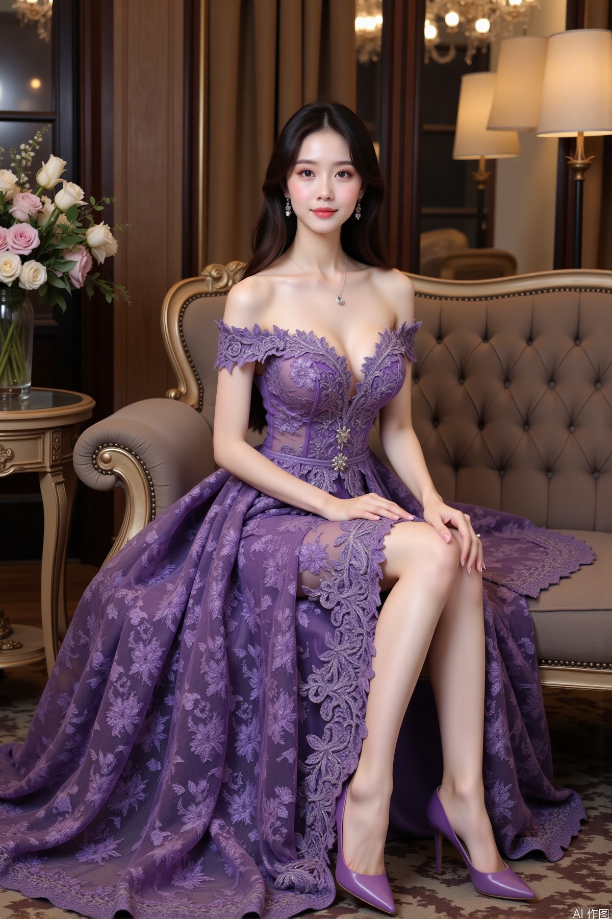 Realistic photo, one young woman, long hair, fair skin, big breast, off-shoulder purple lace gown with intricate floral embroidery, long legs, purple high heels, full body, sitting, luxury living room, flowers,