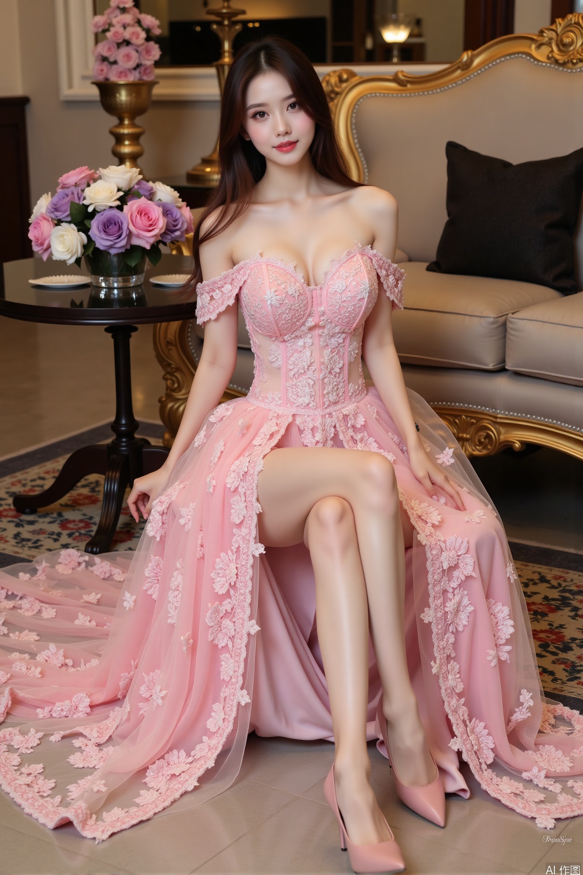 Realistic photo, one young woman, long hair, fair skin, big breast, off-shoulder pink lace gown with intricate floral embroidery, long legs, pink high heels, full body, sitting on the ground, luxury living room, flowers,