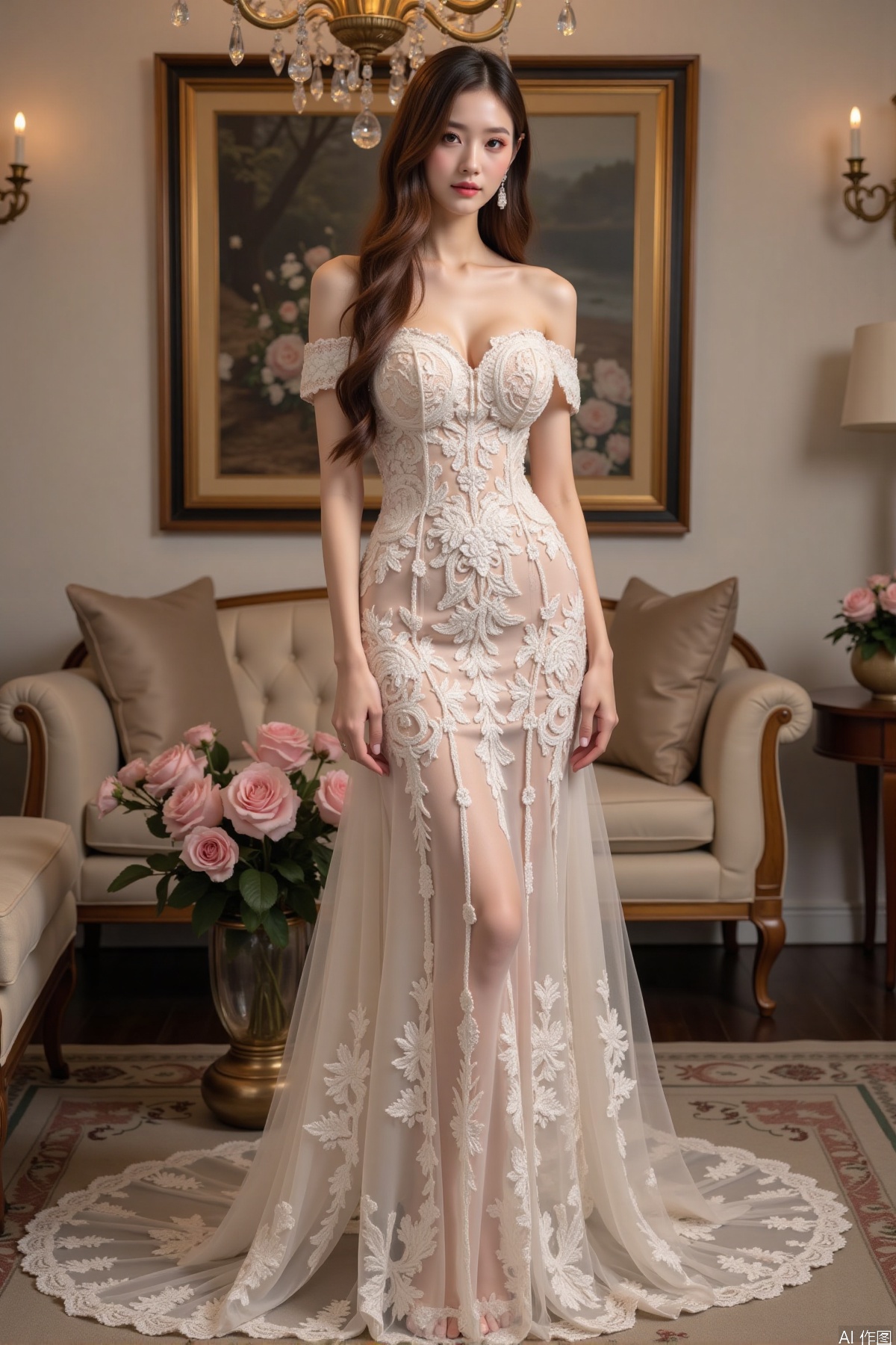 Realistic photo, one young woman, long hair, fair skin, big breast, off-shoulder lace gown with intricate floral embroidery, long legs, high heels, full body, standing, luxury living room, flowers,