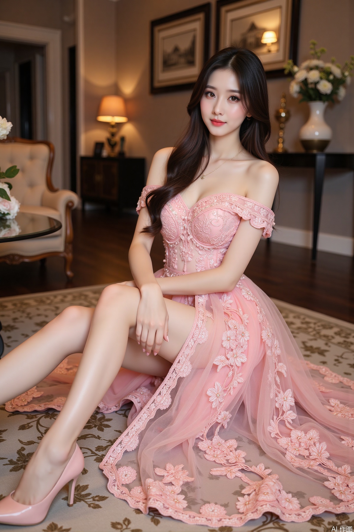 Realistic photo, one young woman, long hair, fair skin, big breast, off-shoulder pink lace gown with intricate floral embroidery, long legs, pink high heels, full body, sitting on the ground, luxury living room, flowers,