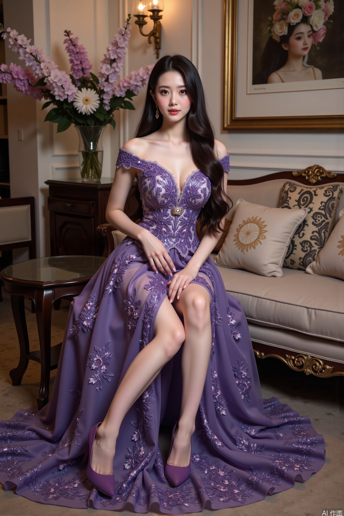 Realistic photo, one young woman, long hair, fair skin, big breast, off-shoulder purple lace gown with intricate floral embroidery, long legs, purple high heels, full body, sitting, luxury living room, flowers,