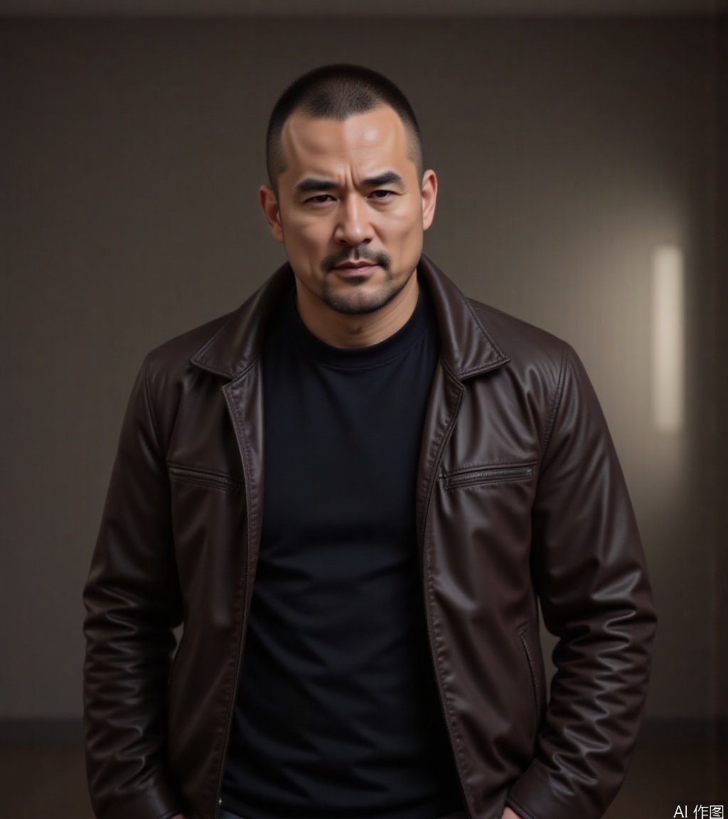 1man,solo,leather jacket,male focus,Bright light,very short hair,bald,holding gun