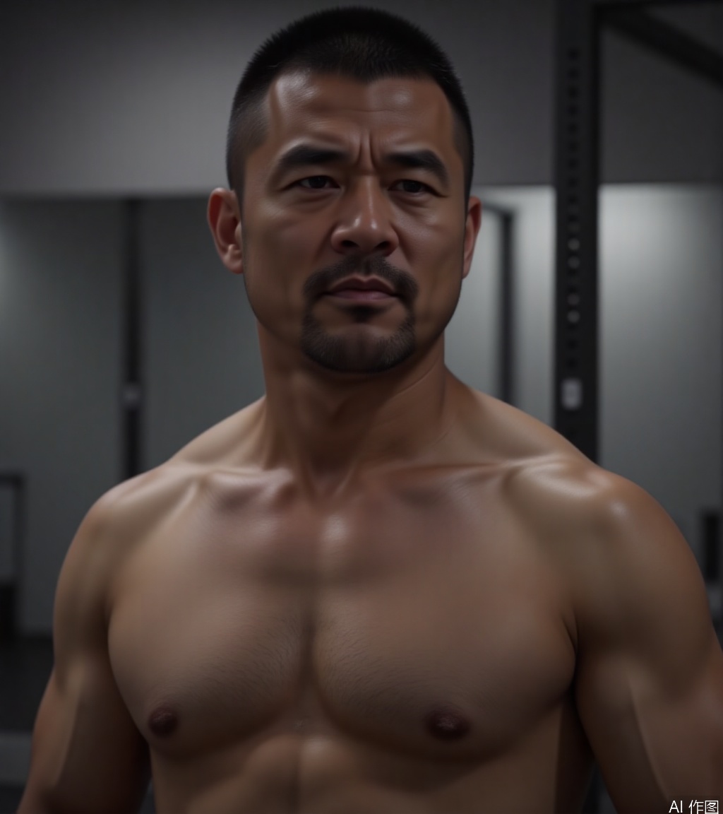 The man was exercising in the gym. His serious expression was very focused, and the sweat dripped down his body.,1man