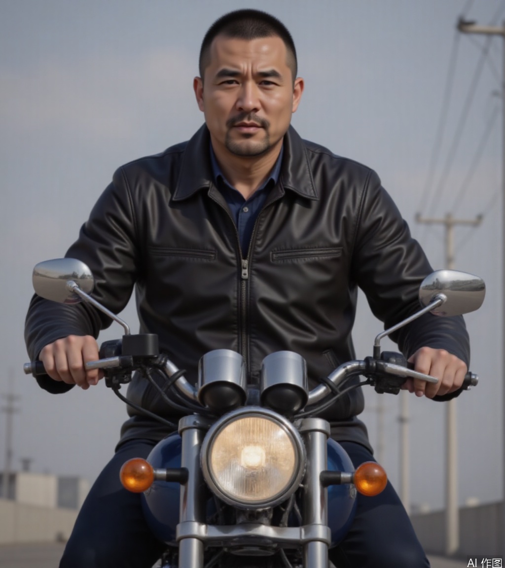1man,solo,leather jacket,male focus,Bright light,very short hair,Riding a motorcycle,bald,
