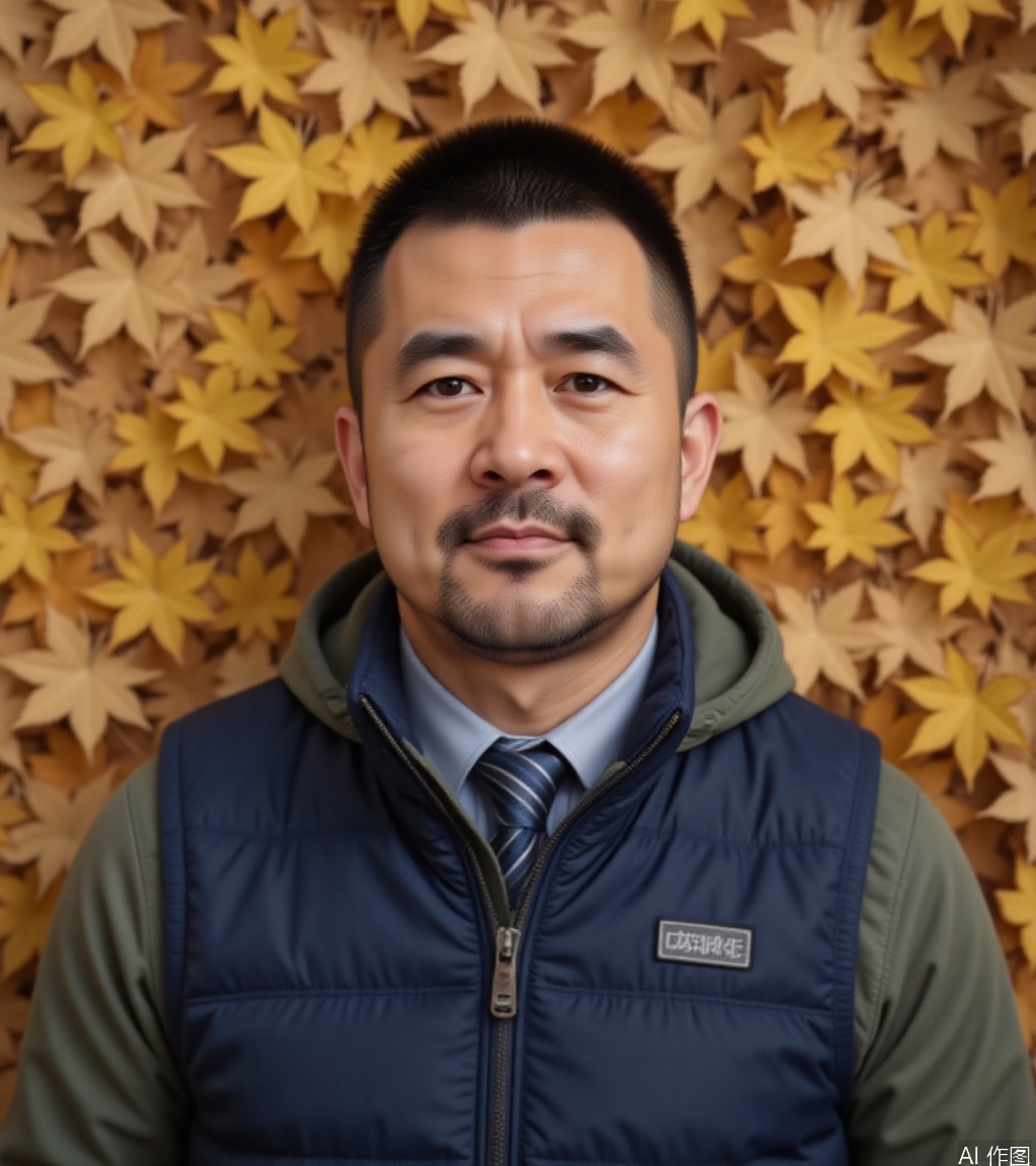 1man,solo,A man with a slightly wider face and typical Asian characteristics, with a straight facial features, calm eyes, a short beard, and a gentle overall temperament, with his arms beside him, lying quietly on the ground covered with yellow-brown maple leaves. He wore a green hooded jacket, a blue vest, a white shirt and a striped tie. The picture adopts a top shot angle, which can fully display the maple leaves on men and the ground. The light is abundant and bright, and it should be natural light, giving people a fresh and comfortable feeling. high detail, ultra-high resolution,32K UHD, clear focus, best quality, masterpiece,